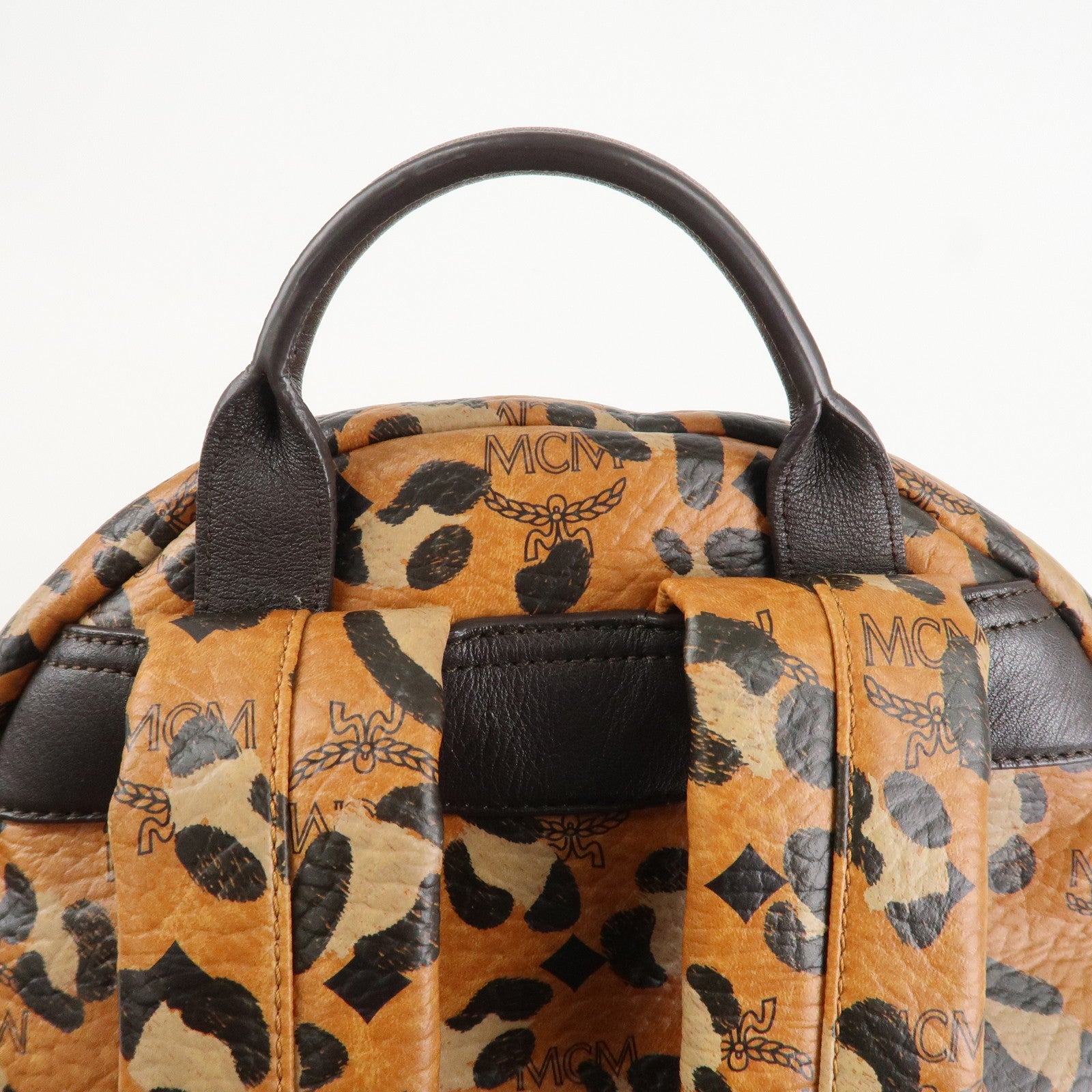 MCM Visetos Leather Leopard Back Pack Black Beige Brown Gold HDW Used