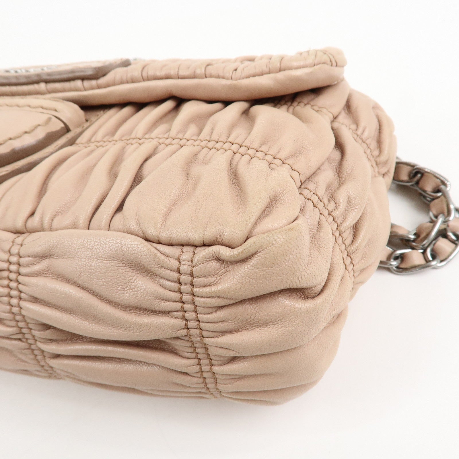 PRADA Leather Gathered Chain Shoulder Bag Pink Beige B4695C