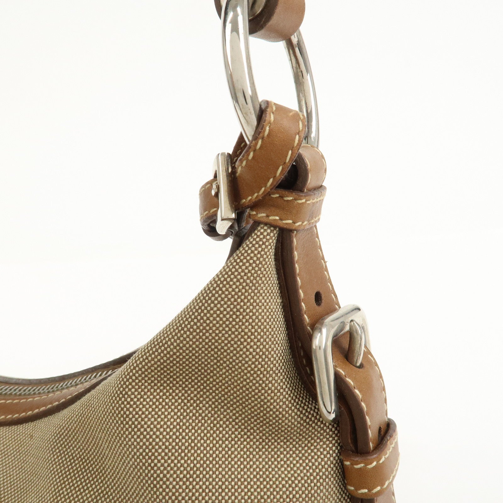 PRADA Logo Jacquard Leather Shoulder Bag Beige Brown BR3429