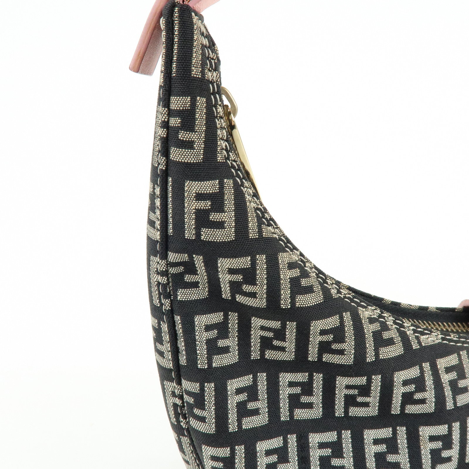 FENDI Zucchino Canvas Leather Shoulder Bag Black Pink 8BR020