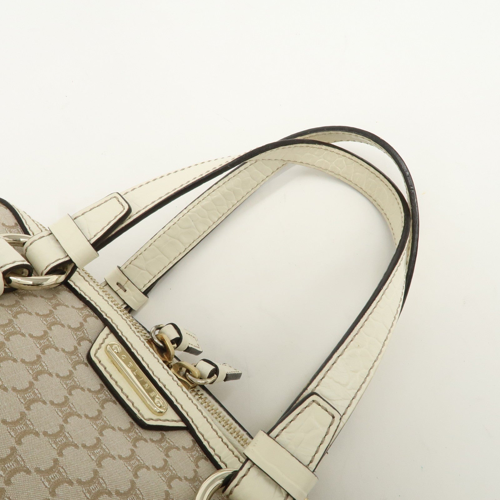 CELINE Macadam Canvas Leather Boston Bag Hand Bag Beige Ivory