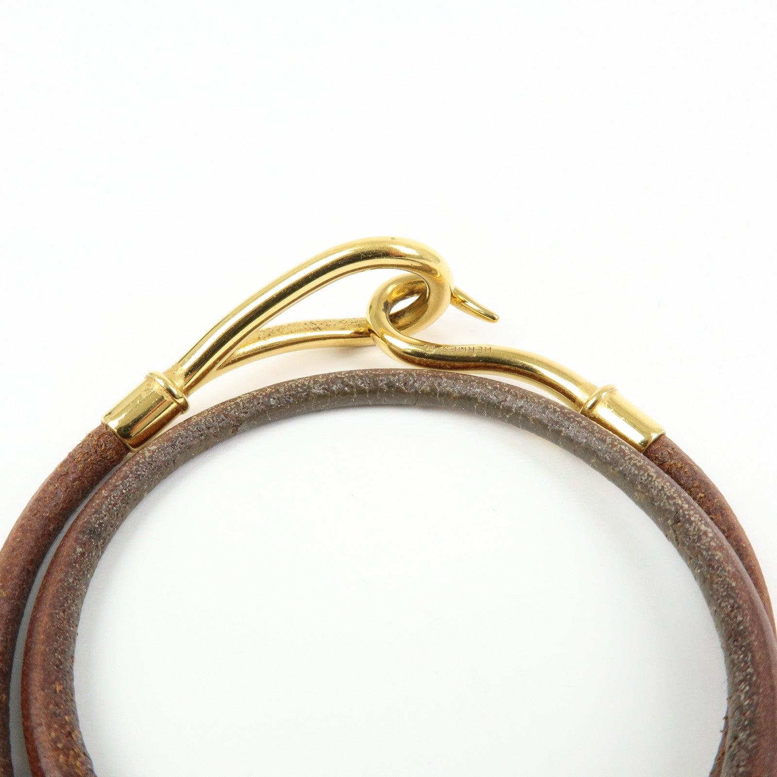 HERMES Jumbo Choker Leather Metal Bracelet Brown Gold