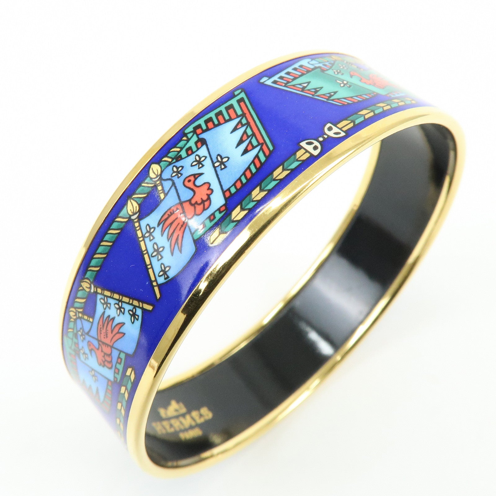 HERMES Email GM Gold Plated Bangle Bracelet Blue Multicolor