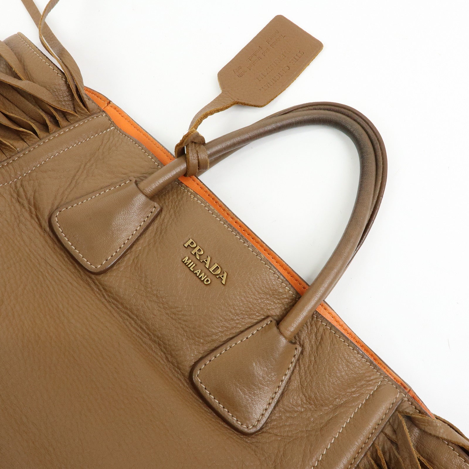 PRADA Leather Fringe Tote Bag Hand Bag Camel Orange