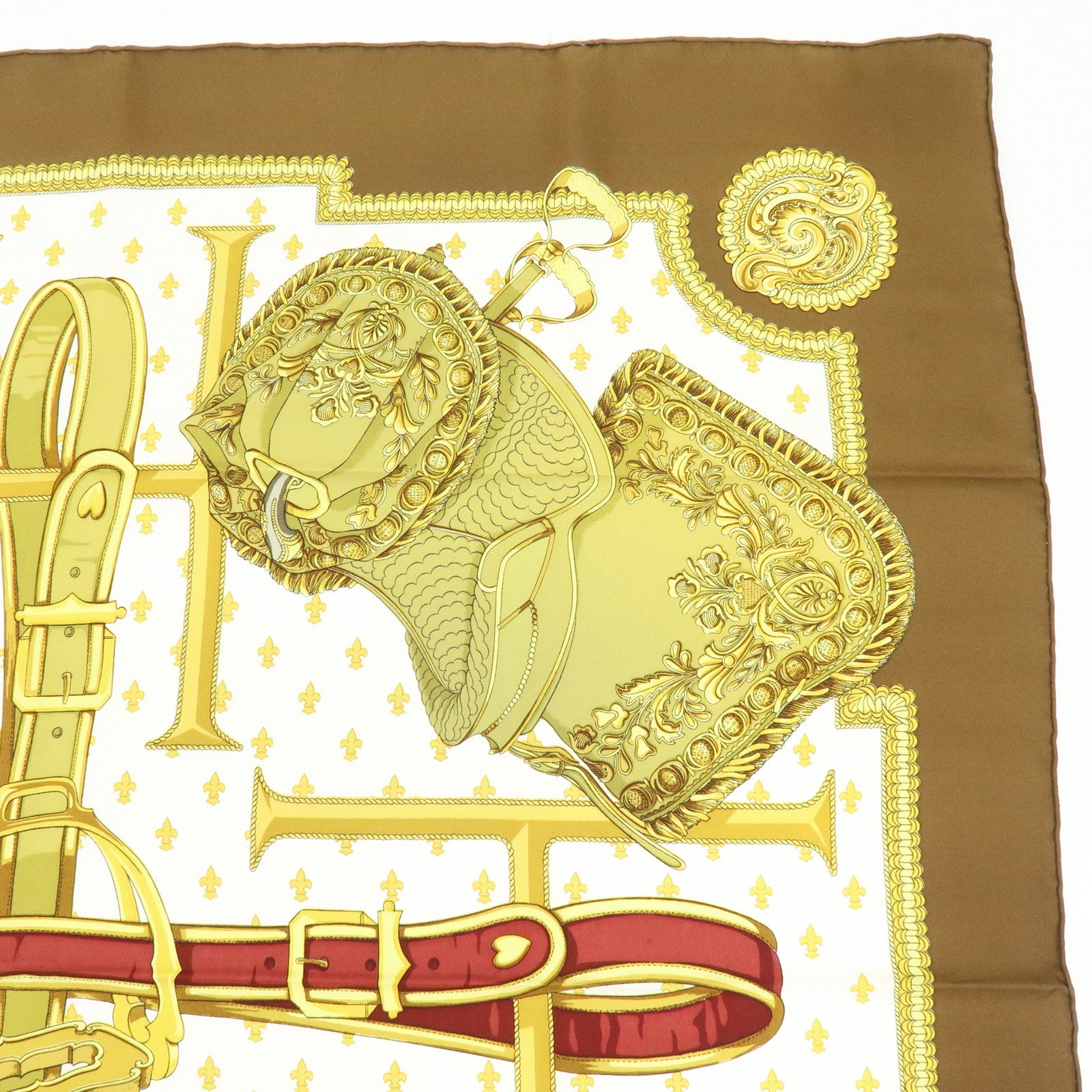 HERMES Carre 90 Silk 100% Scarf SELLES A HOUSSE Gold Brown