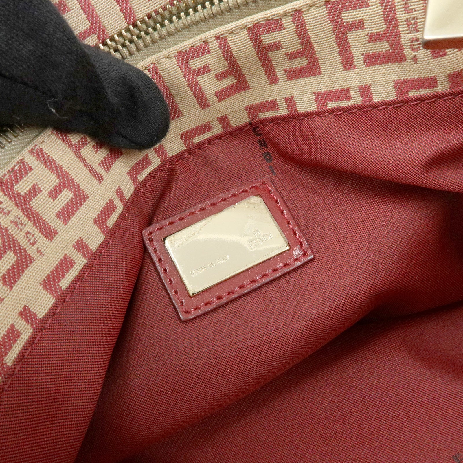 FENDI Zucchino Canvas Leather Hand Bag Tote Bag Beige Red 8BH132