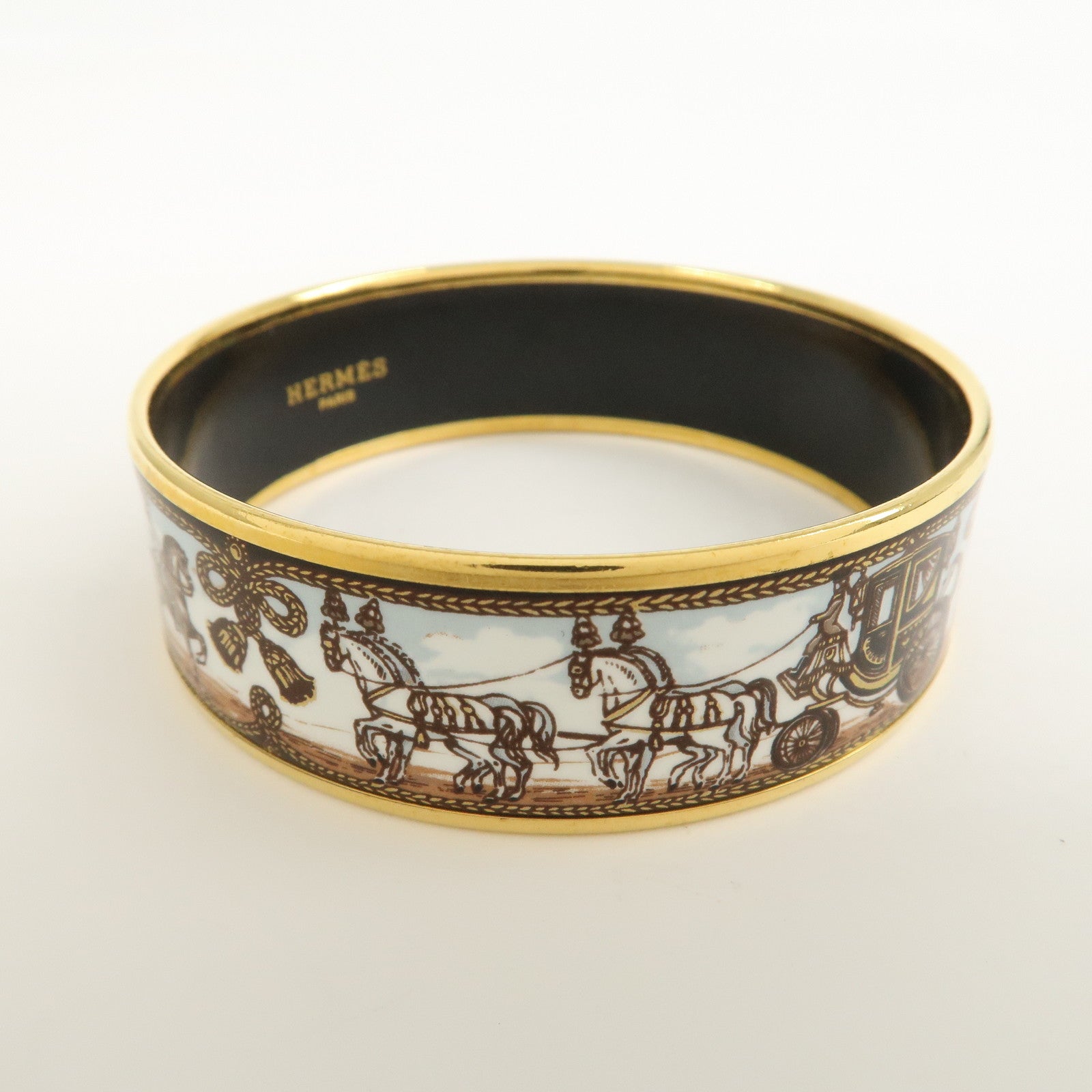 HERMES Email GM Gold Plated Bangle Bracelet White Blue