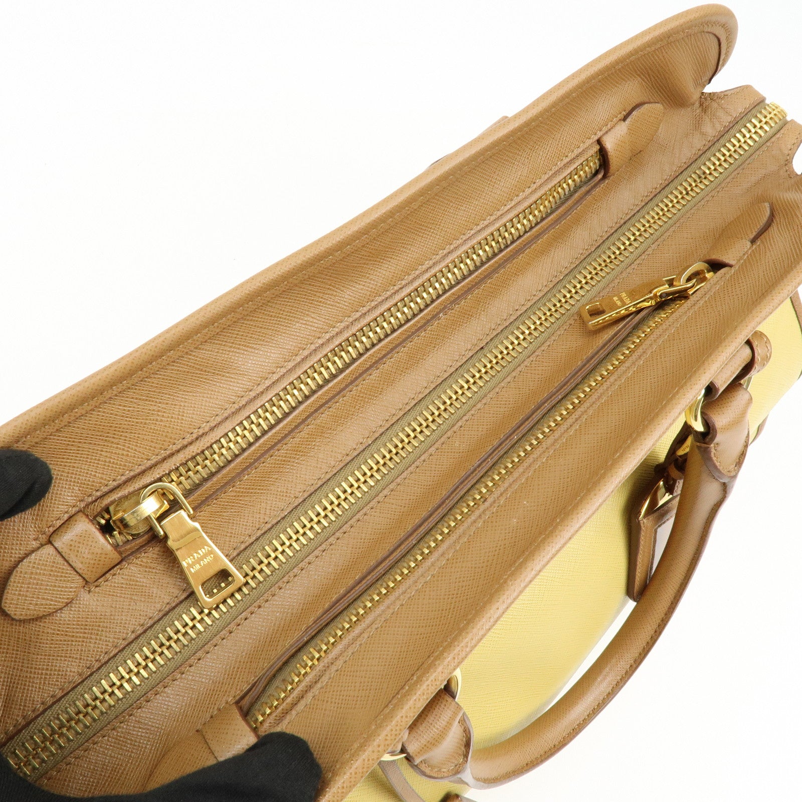 PRADA Triangle Logo Saffiano Leather Boston Bag Mustard Light Brown
