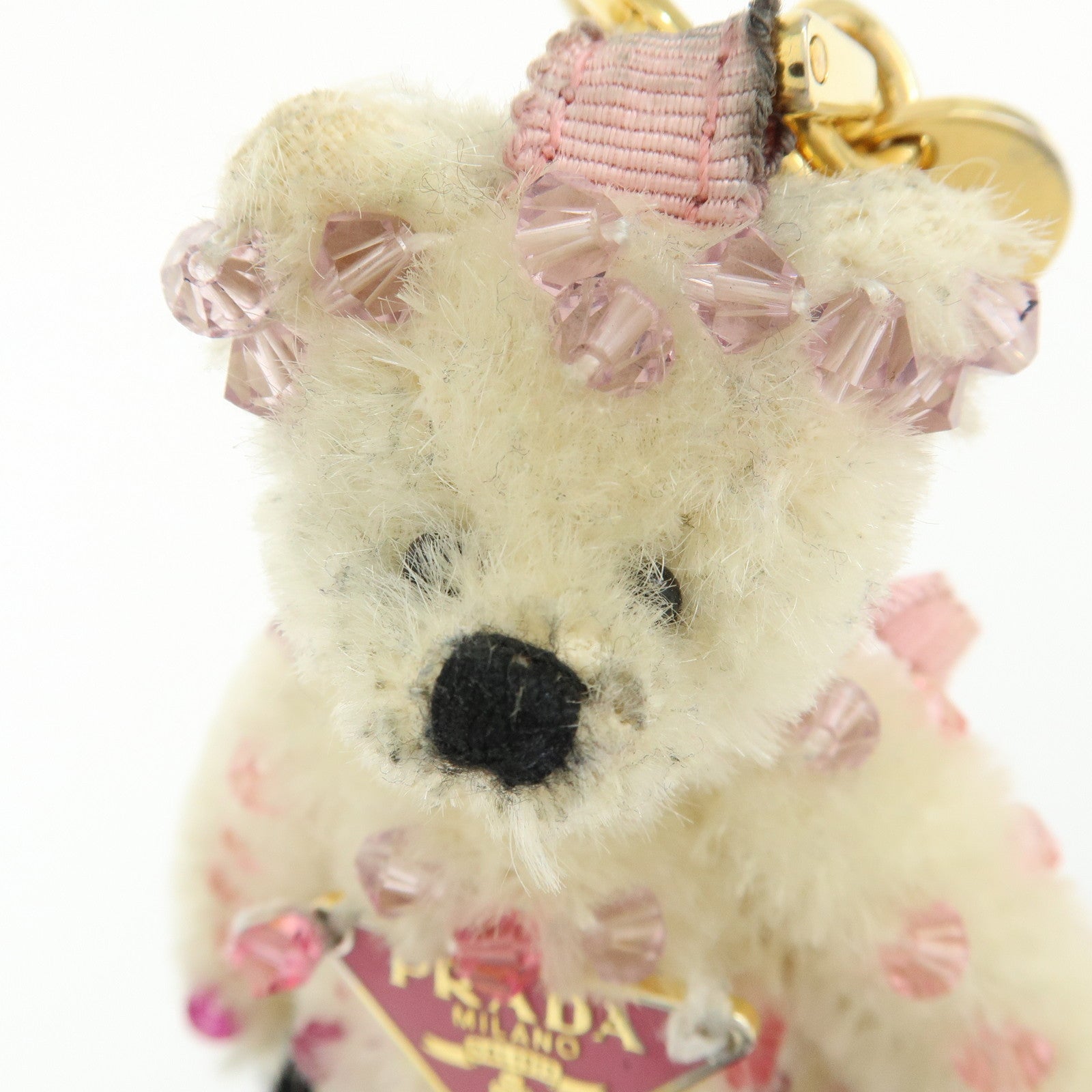 PRADA Triangle Logo Bear Mohair Bag Charm Key Holder Beige Pink