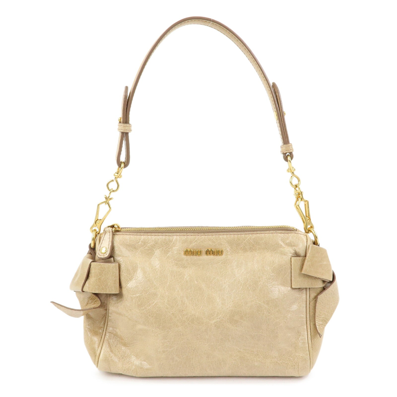 MIU MIU Leather Double Sided Ribbons Hand Bag Shoulder Bag Beige