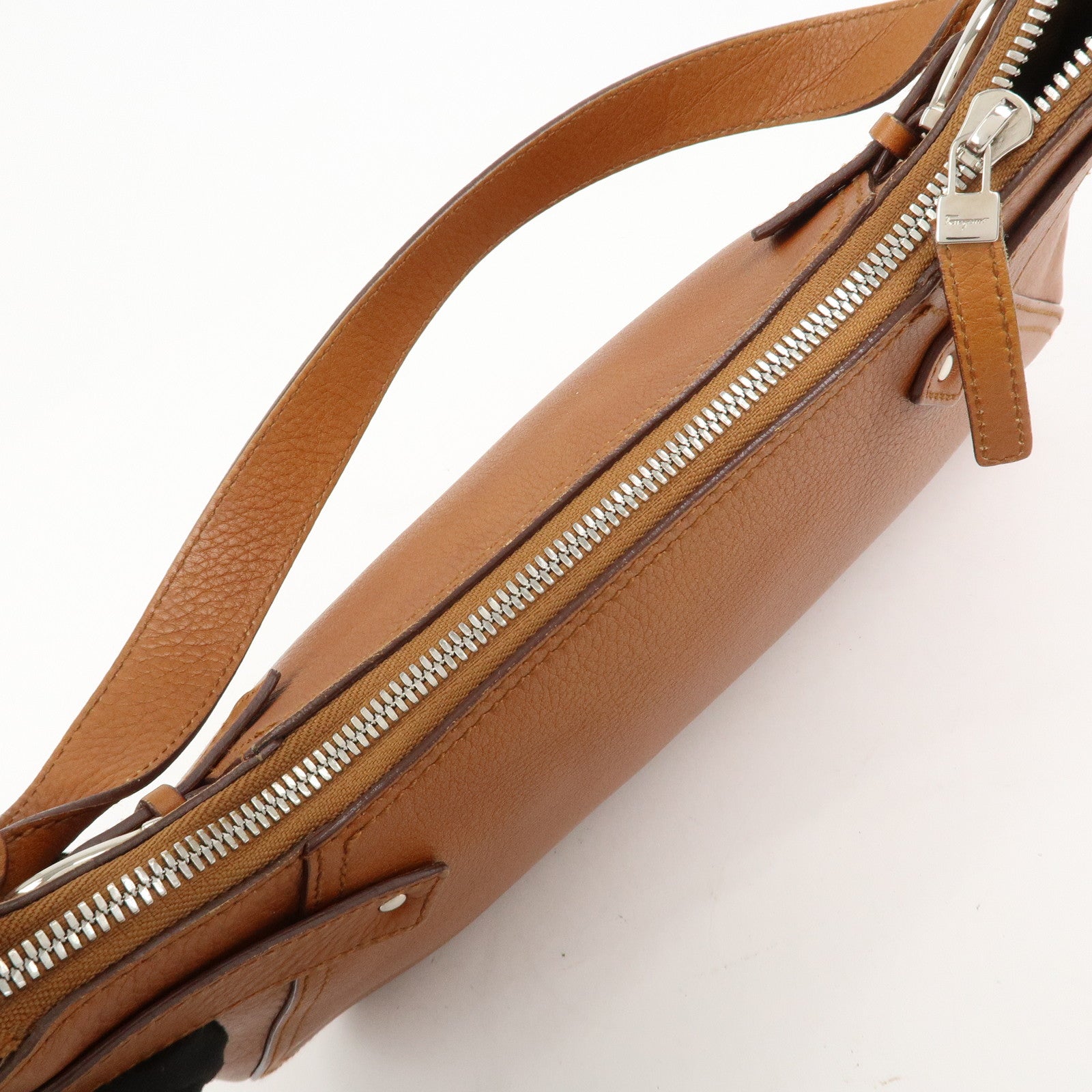 Ferragamo Gancini Leather Shoulder Bag Hand Bag Brown