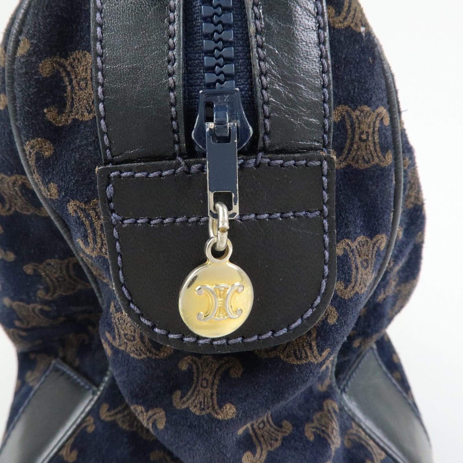 CELINE Macadam Leather Suede Hand Bag Boston Bag Navy