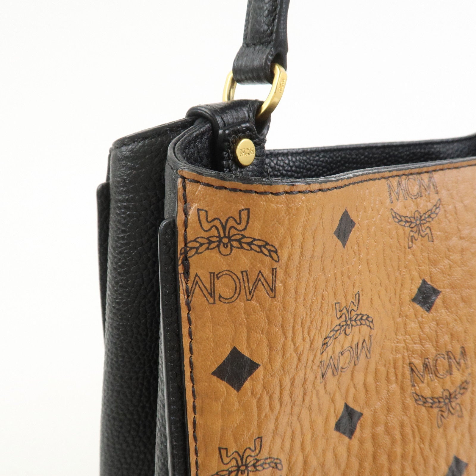 MCM Leather 2Way Bag Hand Bag Shoulder Bag Camel Black