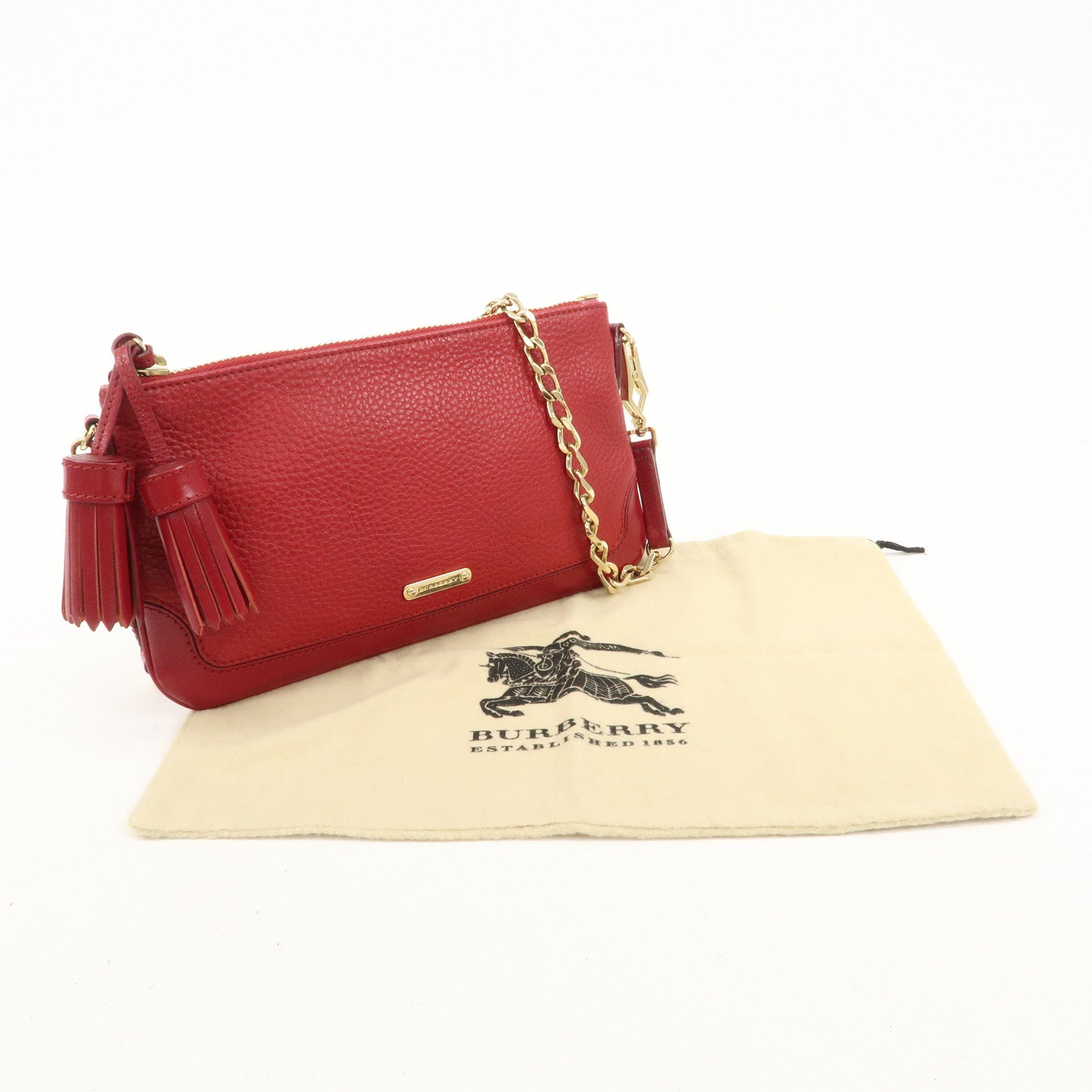 BURBERRY Logo Leather Chain Shoulder Bag Crossbody Bag Red Used