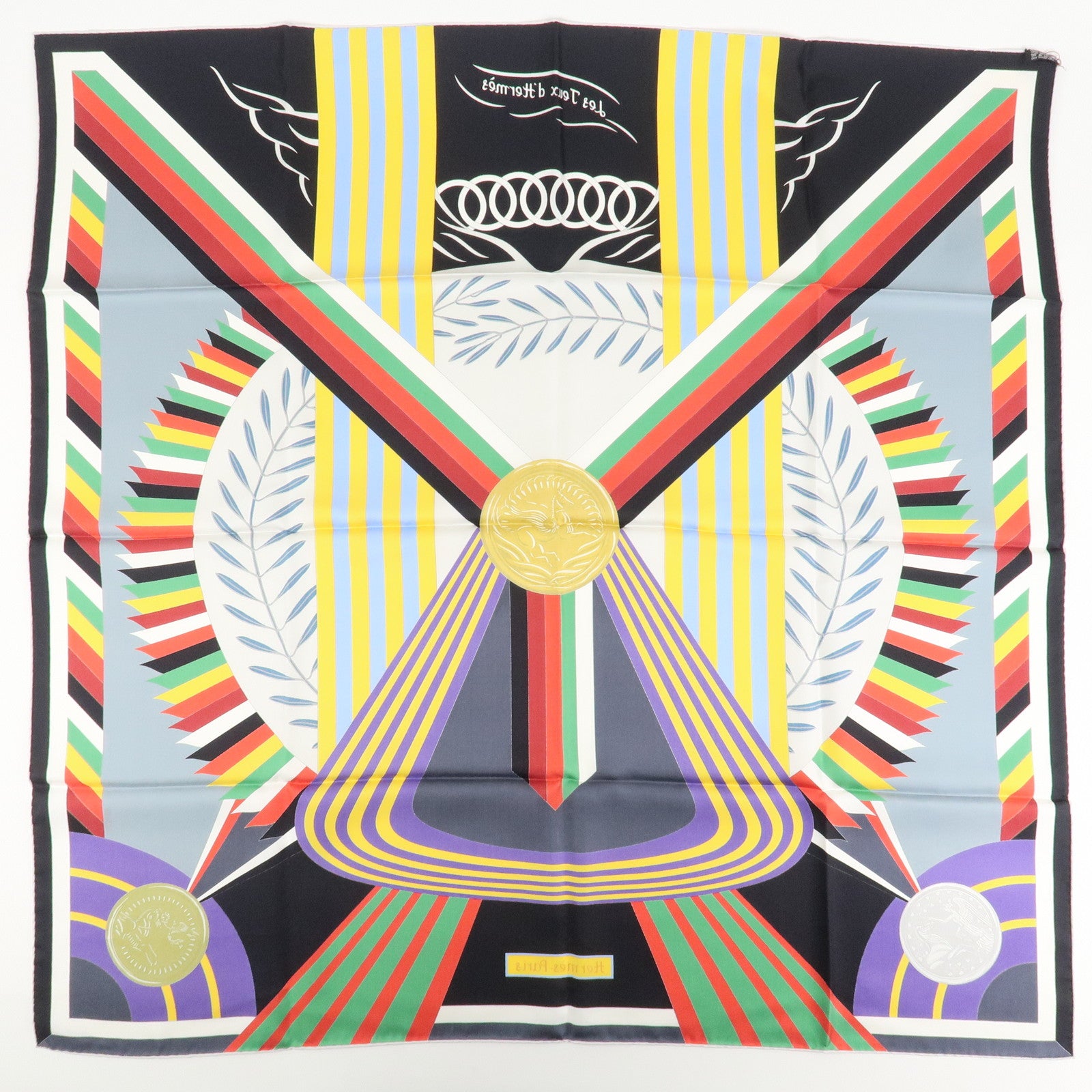 HERMES Carre 90 Silk 100% Scarf LES JEUX D'HERMES Black Used