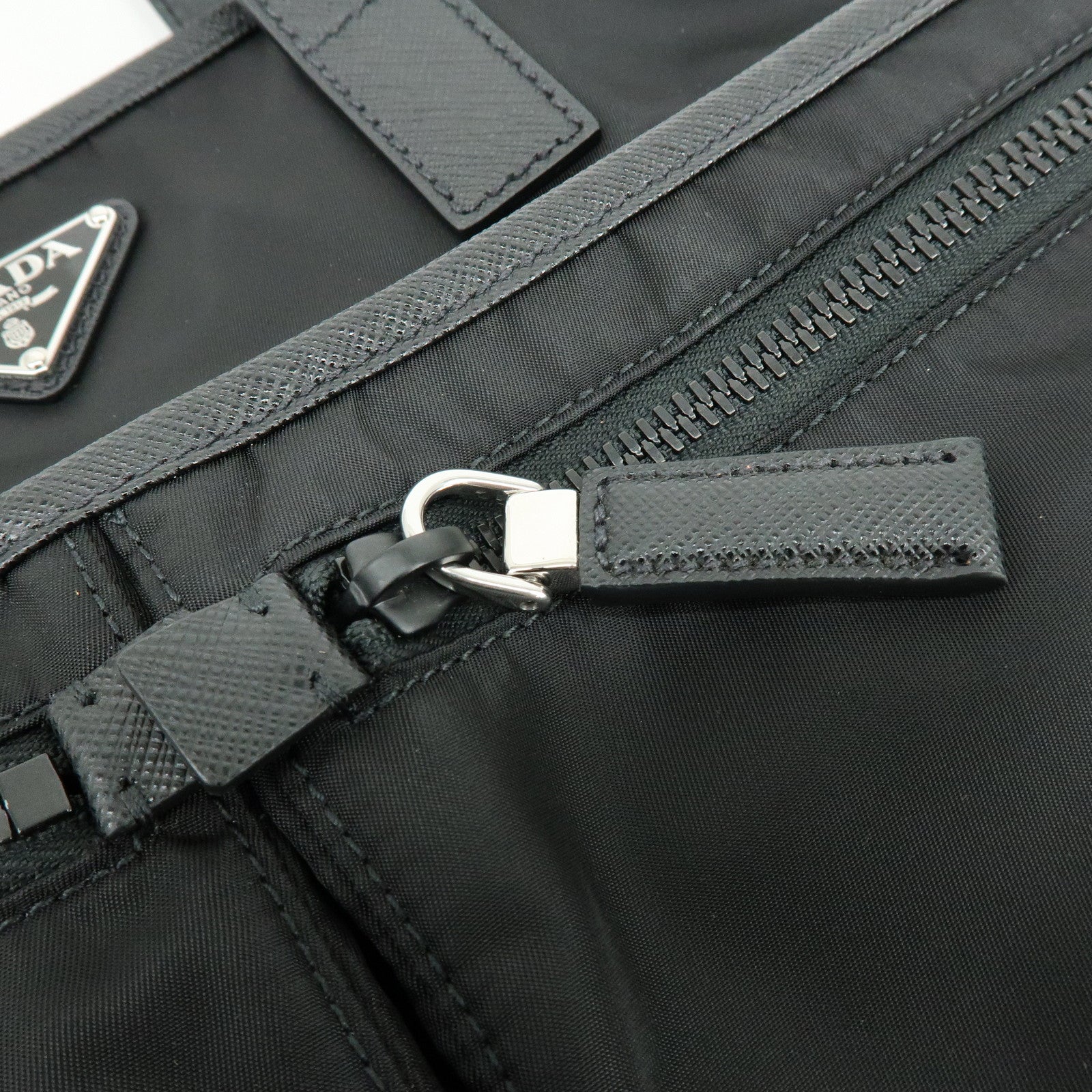 PRADA Triangle Logo Re-Nylon Saffiano Leather Tote Bag Black 2VG860