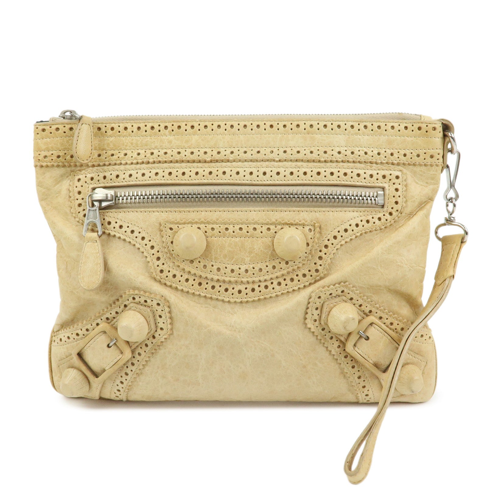 BALENCIAGA Leather Giant Clutch Bag Pouch Beige 204533