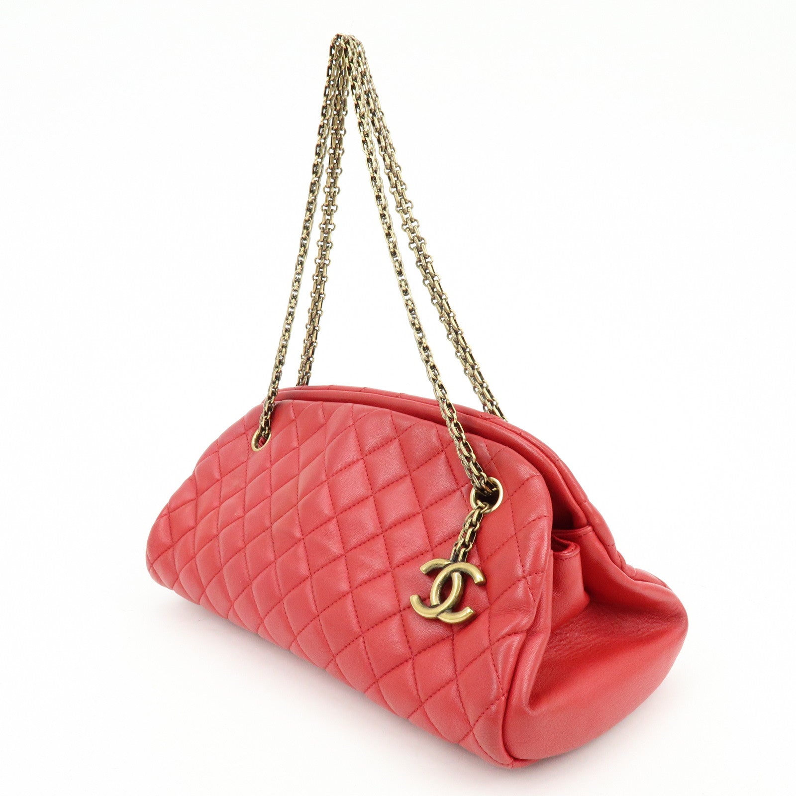 CHANEL Mademoiselle COCO Mark Lamb SKin Chain Shoulder Bag Red