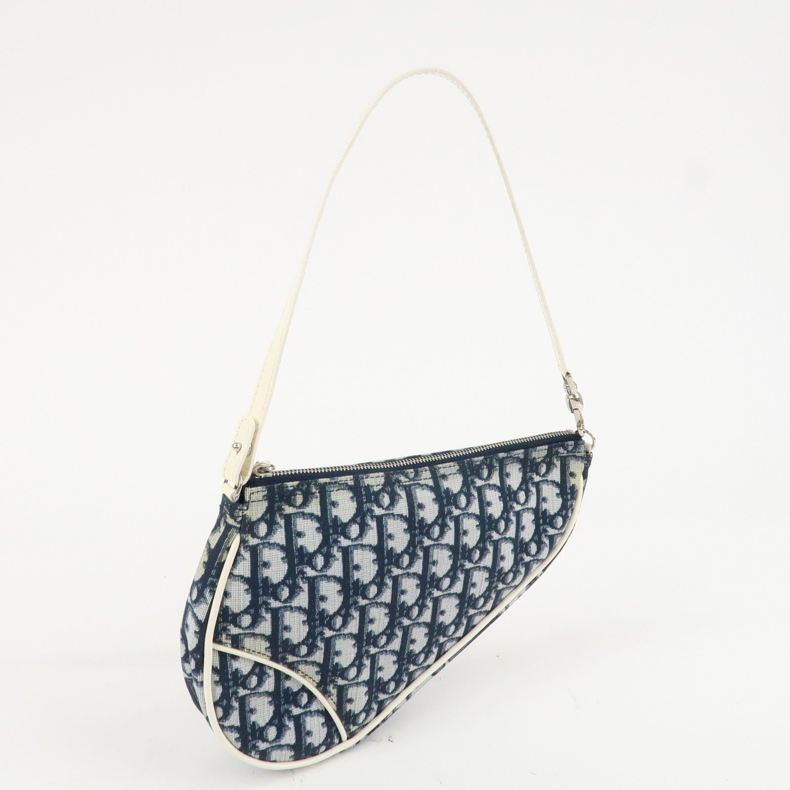 Christian Dior Trotter Jacquard Leather Saddle Bag Mini Navy White Used