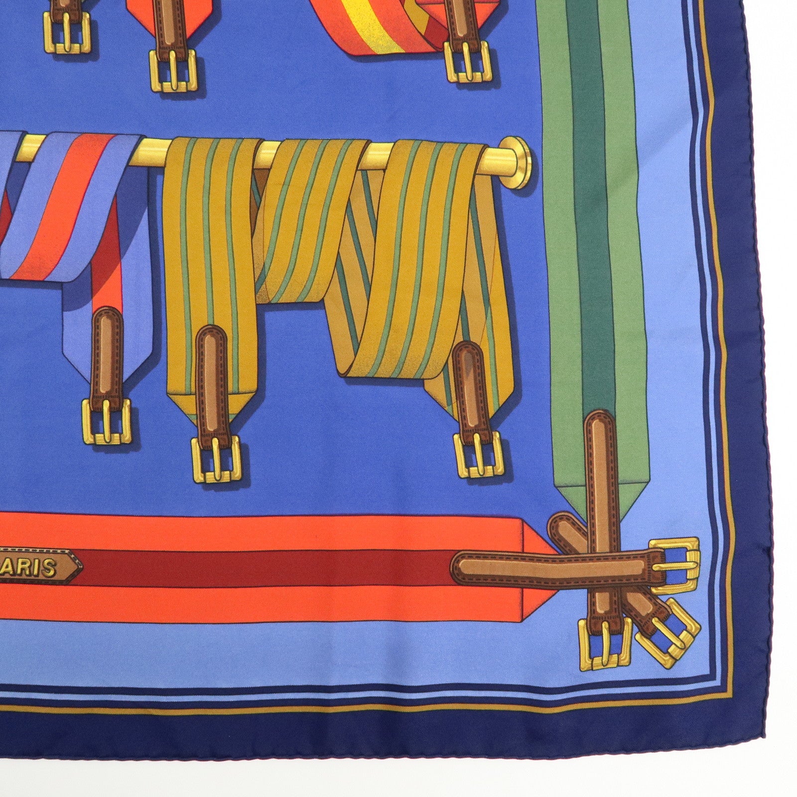 HERMES Carre 90 Silk 100% J.METZ Les Sangles Scarf Blue Green Red