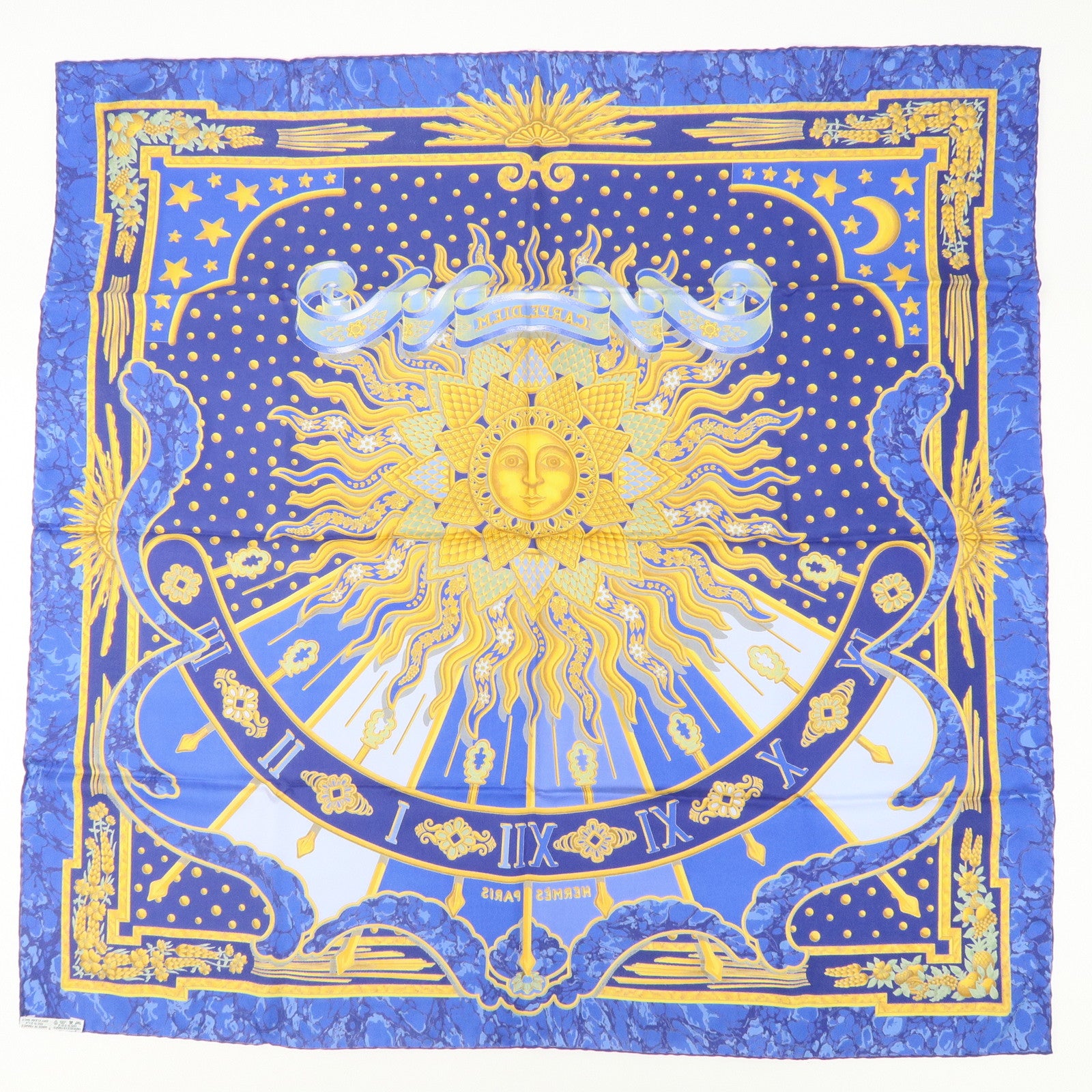 HERMES Carre 90 Silk 100% Scarf CARPE DIEM Blue Yellow