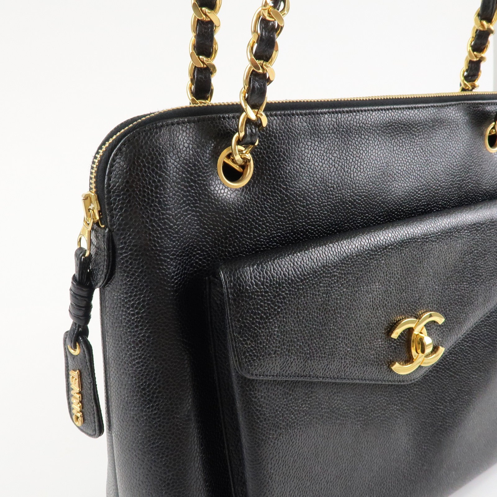 CHANEL Caviarskin COCO Mark Turnlock Chain Shoulder Bag Black Gold HDW Used