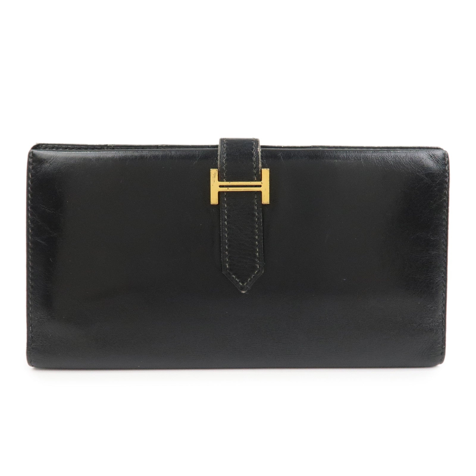HERMES Box Calf Leather Beant Classic Long Wallet Black