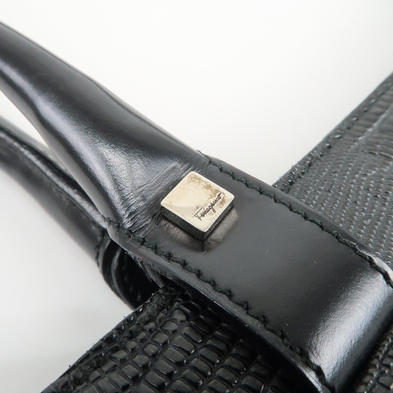 Ferragamo Gancini Embossed Leather Tote Bag Hand Bag Black