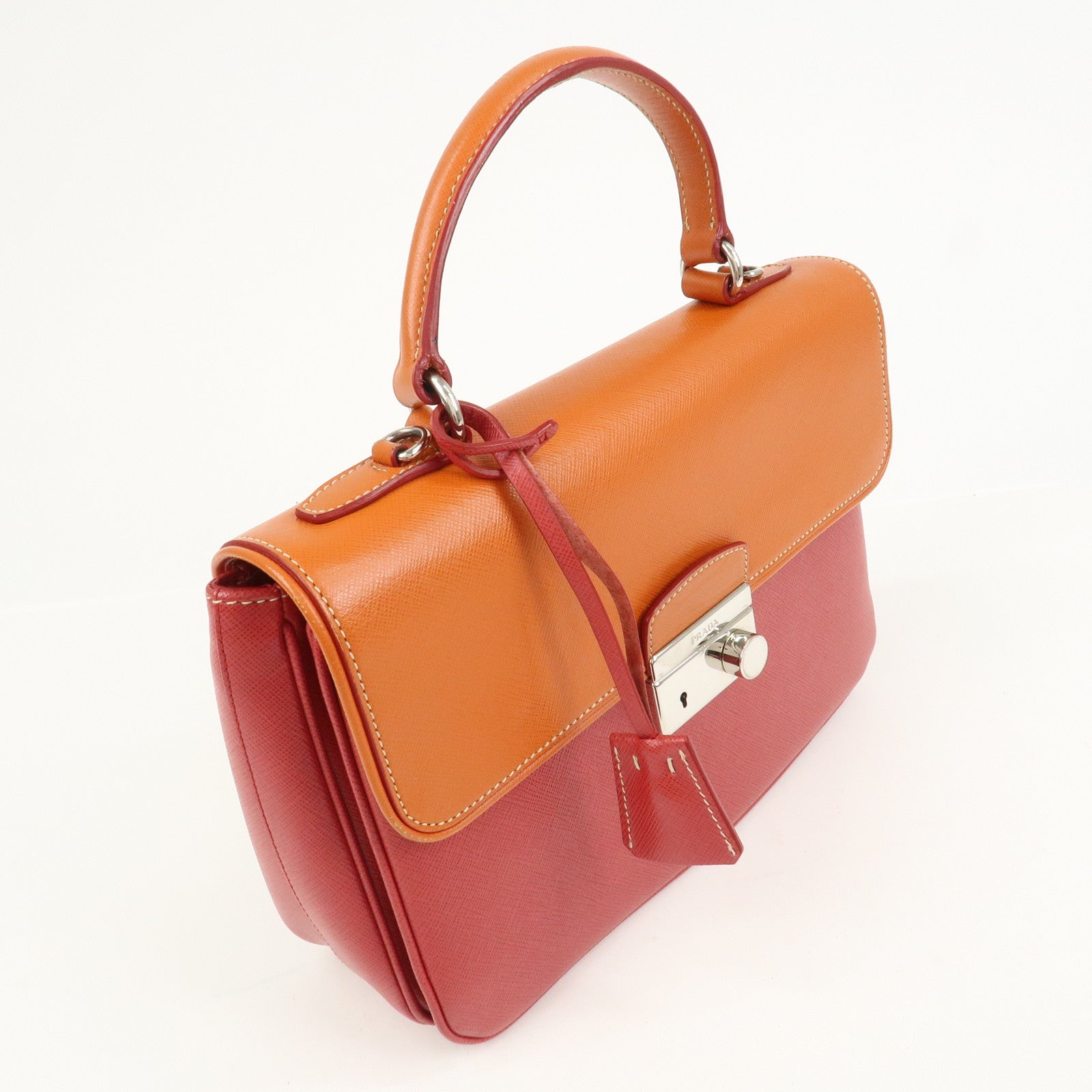 PRADA Saffiano Leather 2 Way Bag Tote Bag Shoulder Bag Orange Red