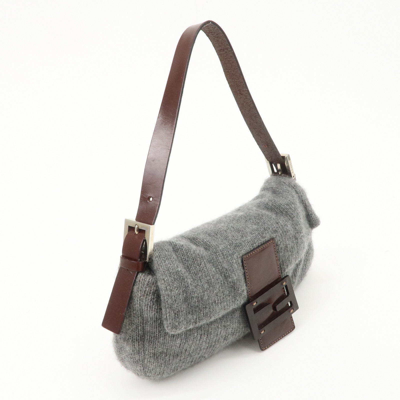 FENDI Mamma Baguette Wool Leather Shoulder Bag Brown Gray 26424