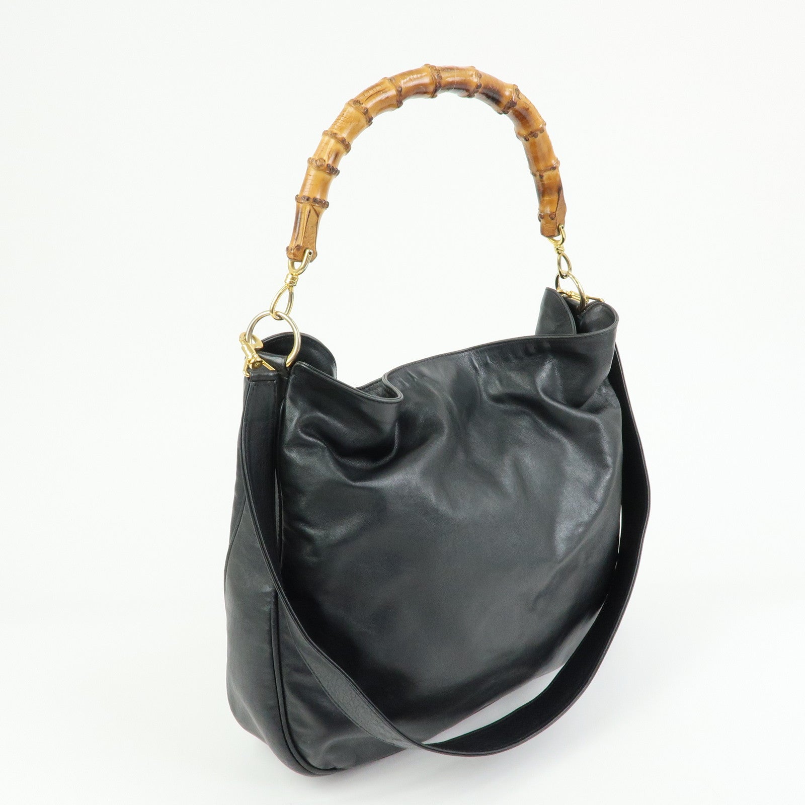 GUCCI Bamboo Leather 2Way Bag Hand Bag Shoulder Bag Black 001・1781
