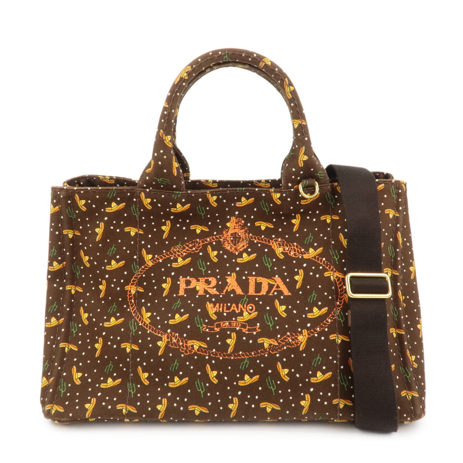 PRADA Canapa Canvas 2Way Bag Hand Bag Shoulder Bag Brown Orange