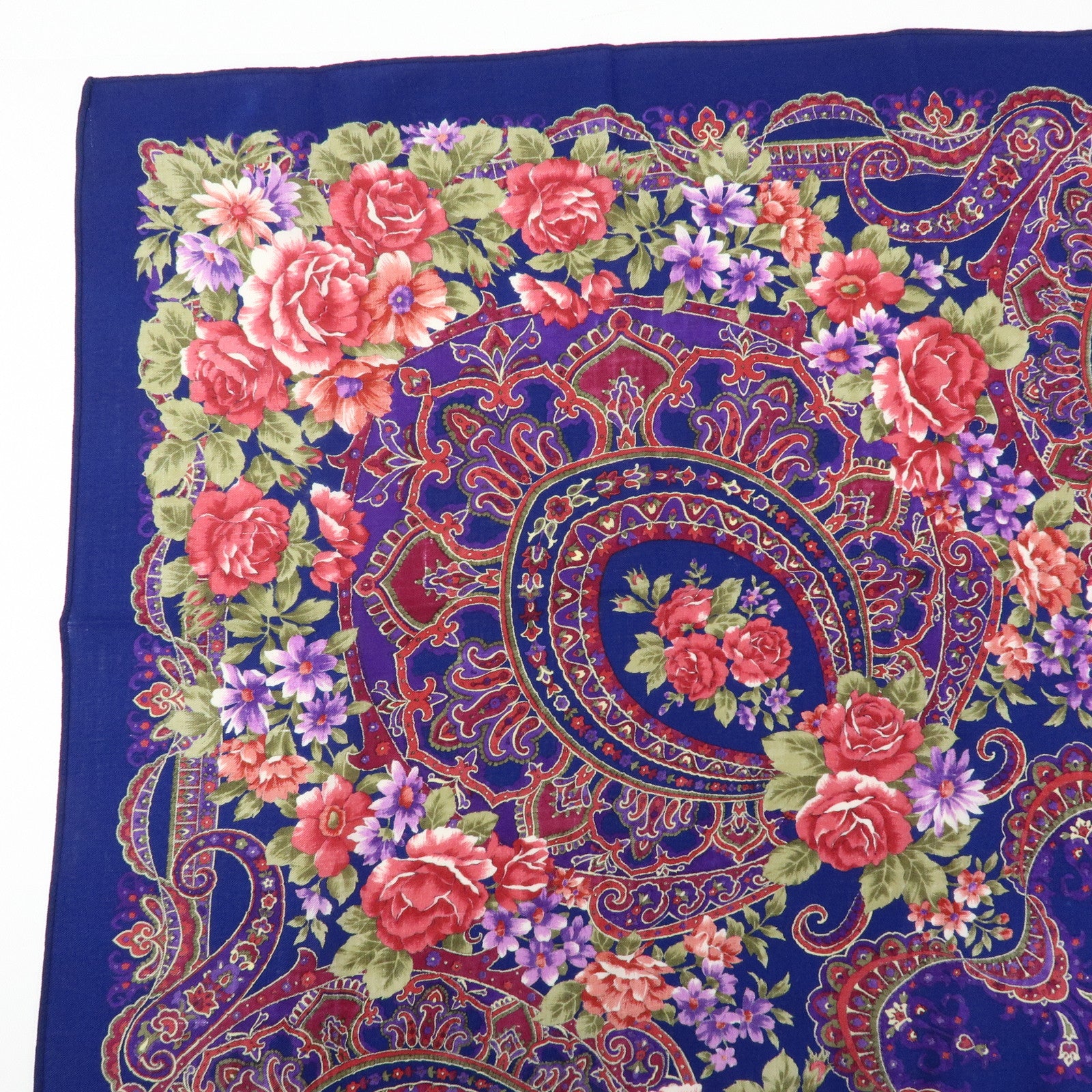 SAINT LAURENT PARIS Cotton Wool Scarf Flower Print Navy Red