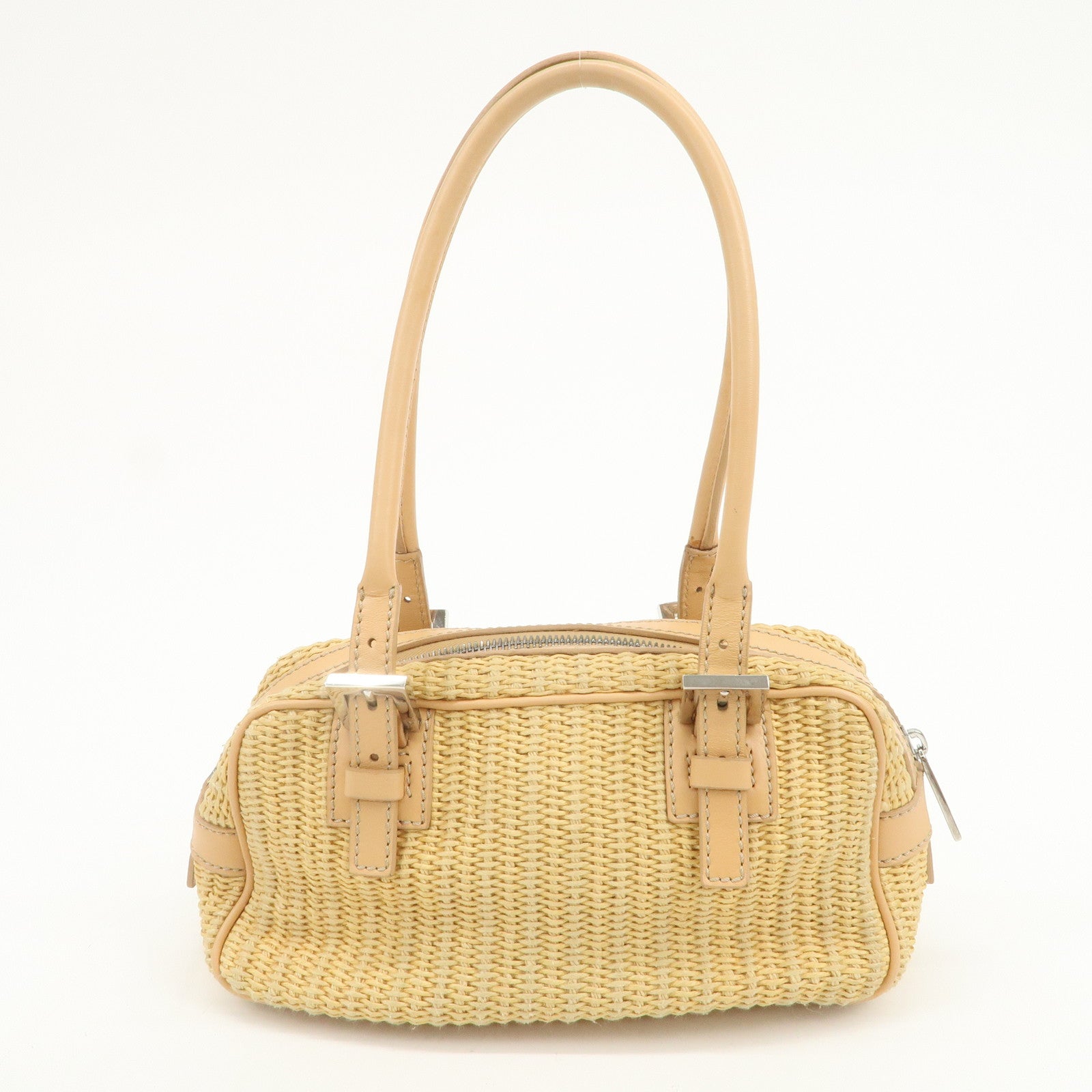 FENDI Raffia Leather Small Boston Hand Shoulder Bag Natural 8BN004