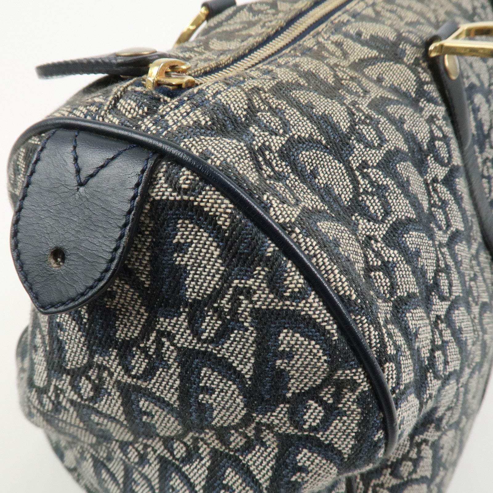 Christian Dior Trotter Jacquard Canvas Leather Boston Hand Bag Navy