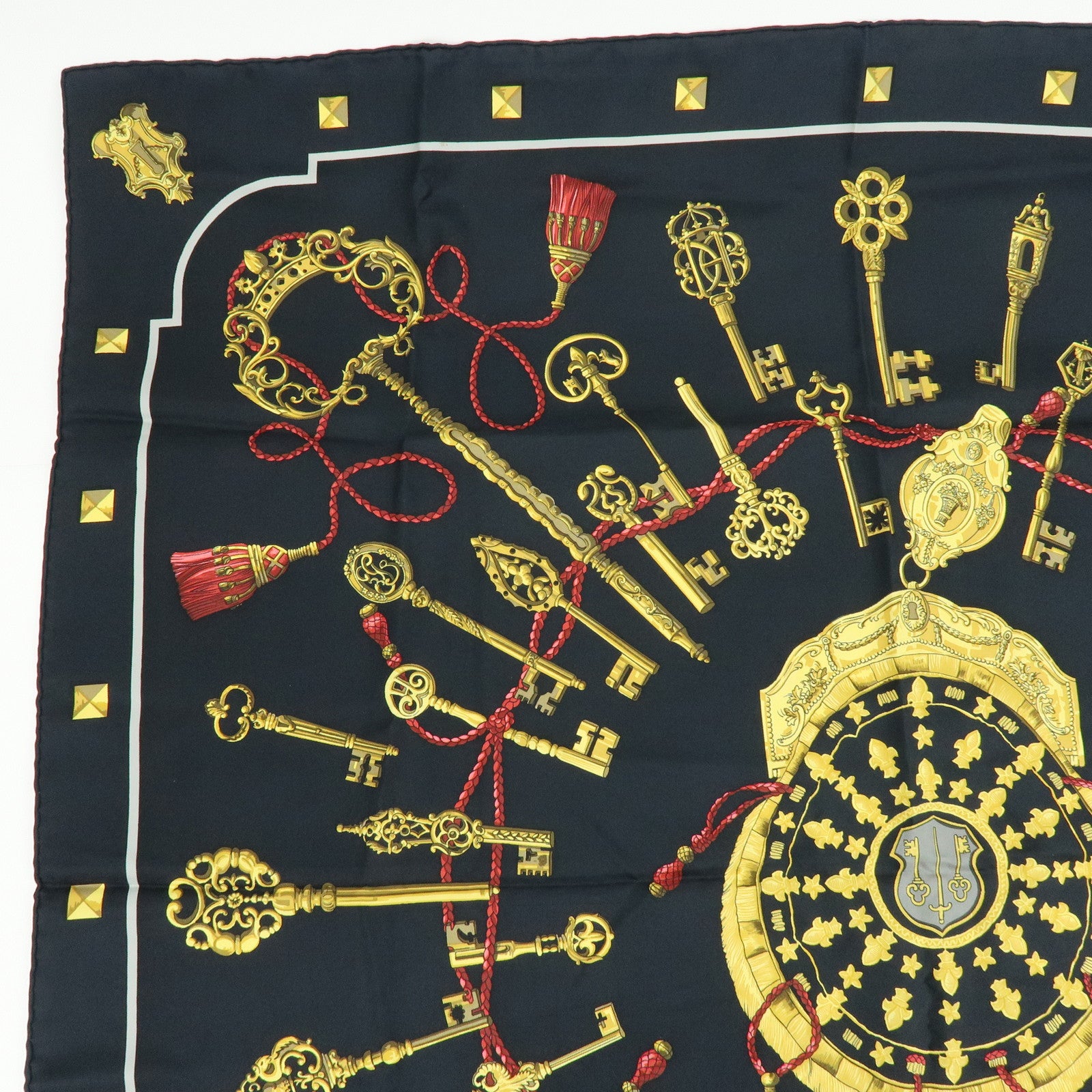 HERMES Carre 90 Silk 100% Scarf LES CLES THE KEYS RARE Black Gold