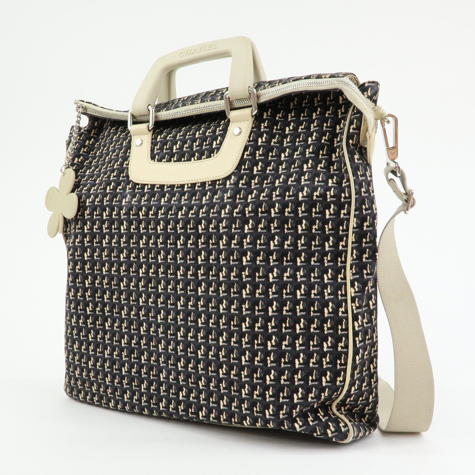 CHANEL Canvas Leather 2Way Bag Hand Bag Shoulder Bag Black Ivory