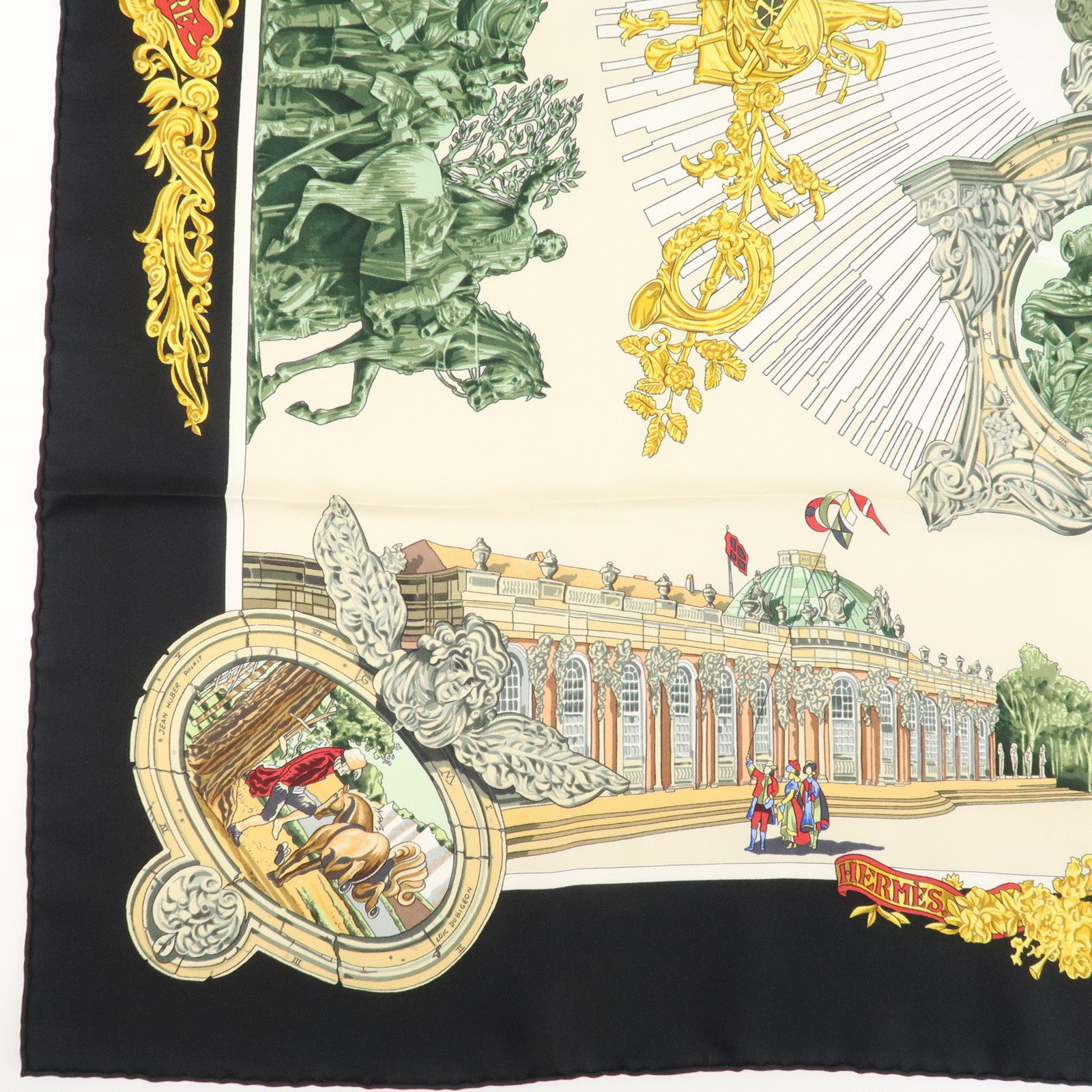 HERMES Carre 90 Silk 100% Scarf SANSSOUCY Gold Back Ivory Used