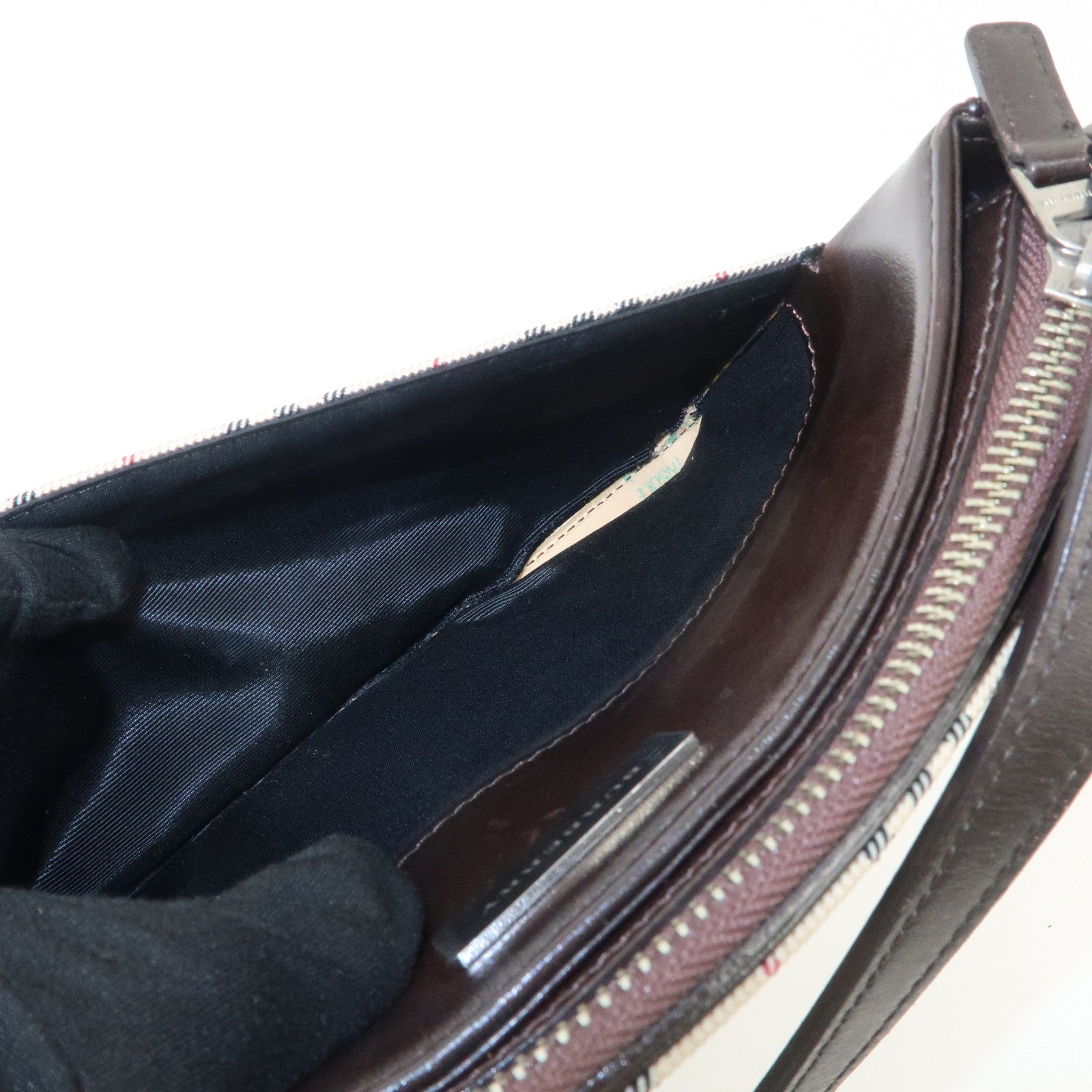 BURBERRY Leather Canvas Shoulder Bag Nova Plaid Brown