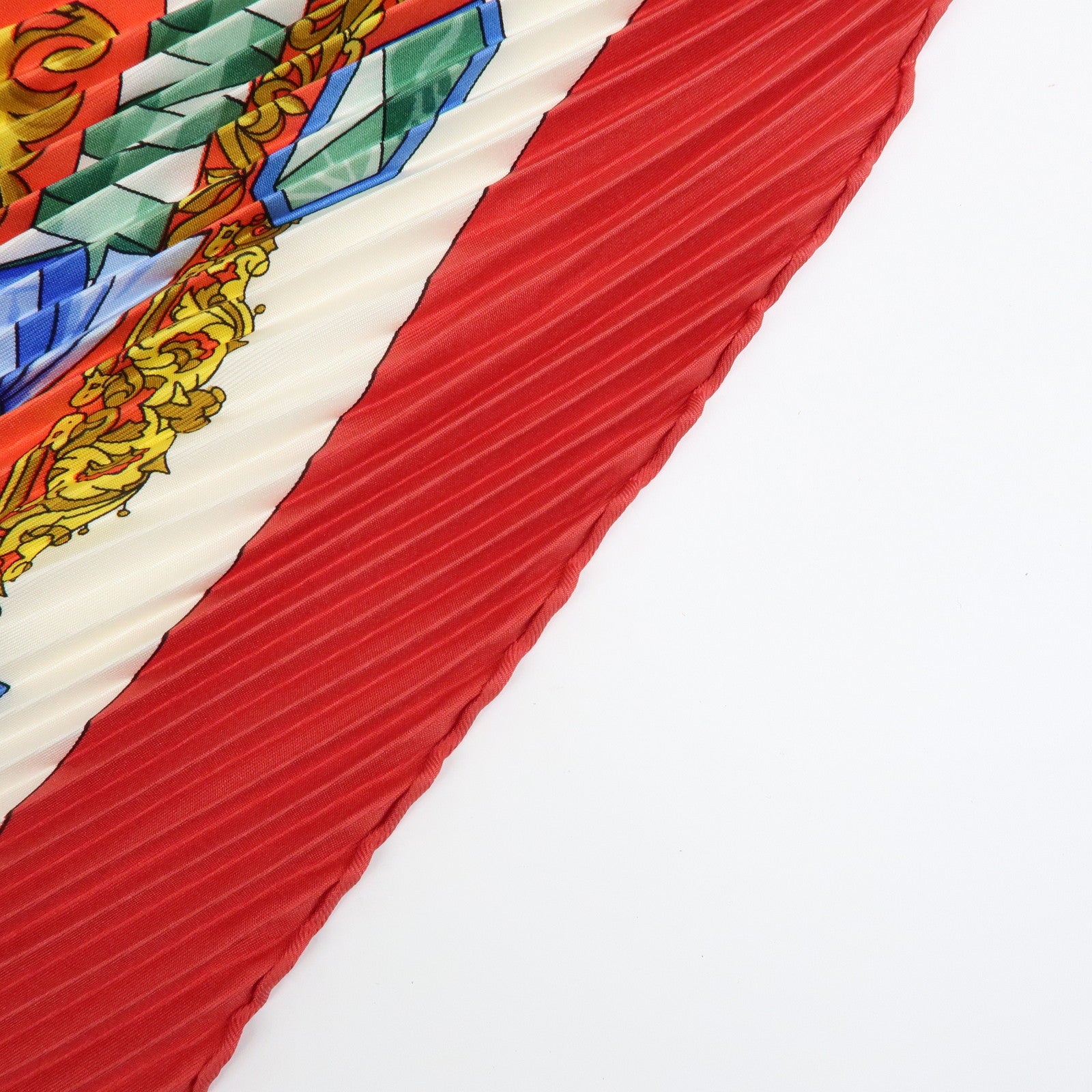 HERMES Pleated Carre Silk 100% Scarf L'ENTENTE CORDIALE Red Blue
