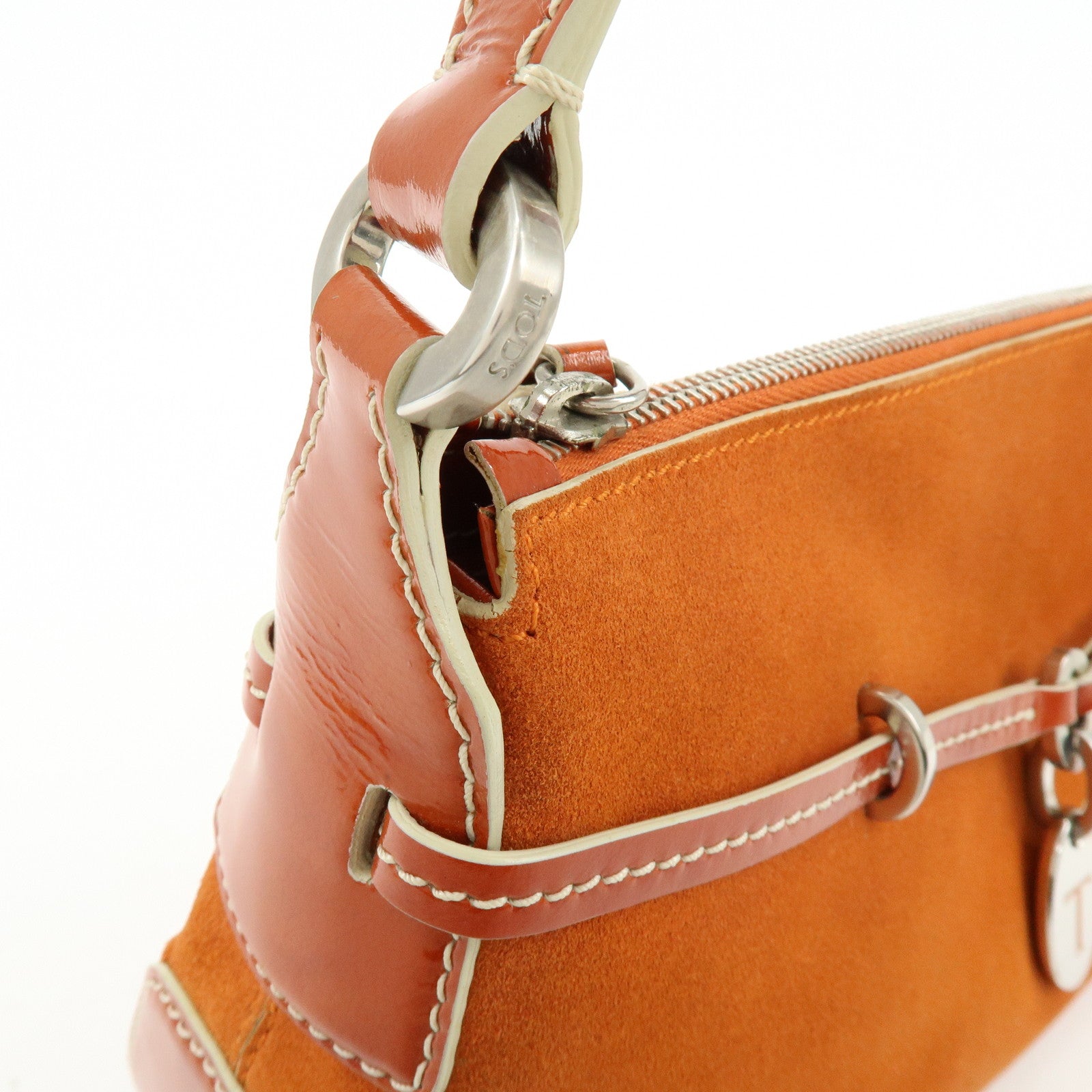 TOD'S Suede Patent Leather Shoulder Bag Hand Bag Orange