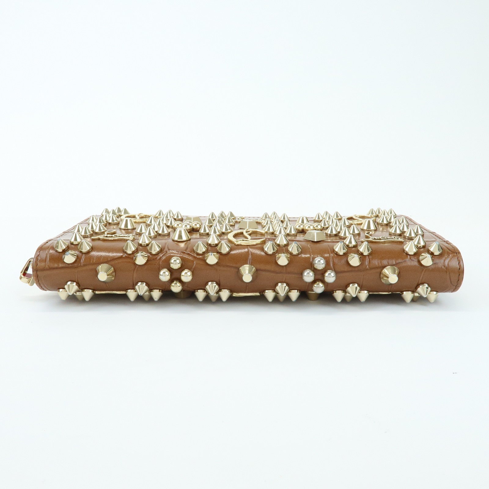 Christian Louboutin Embossed Leather Long Wallet Studs Brown