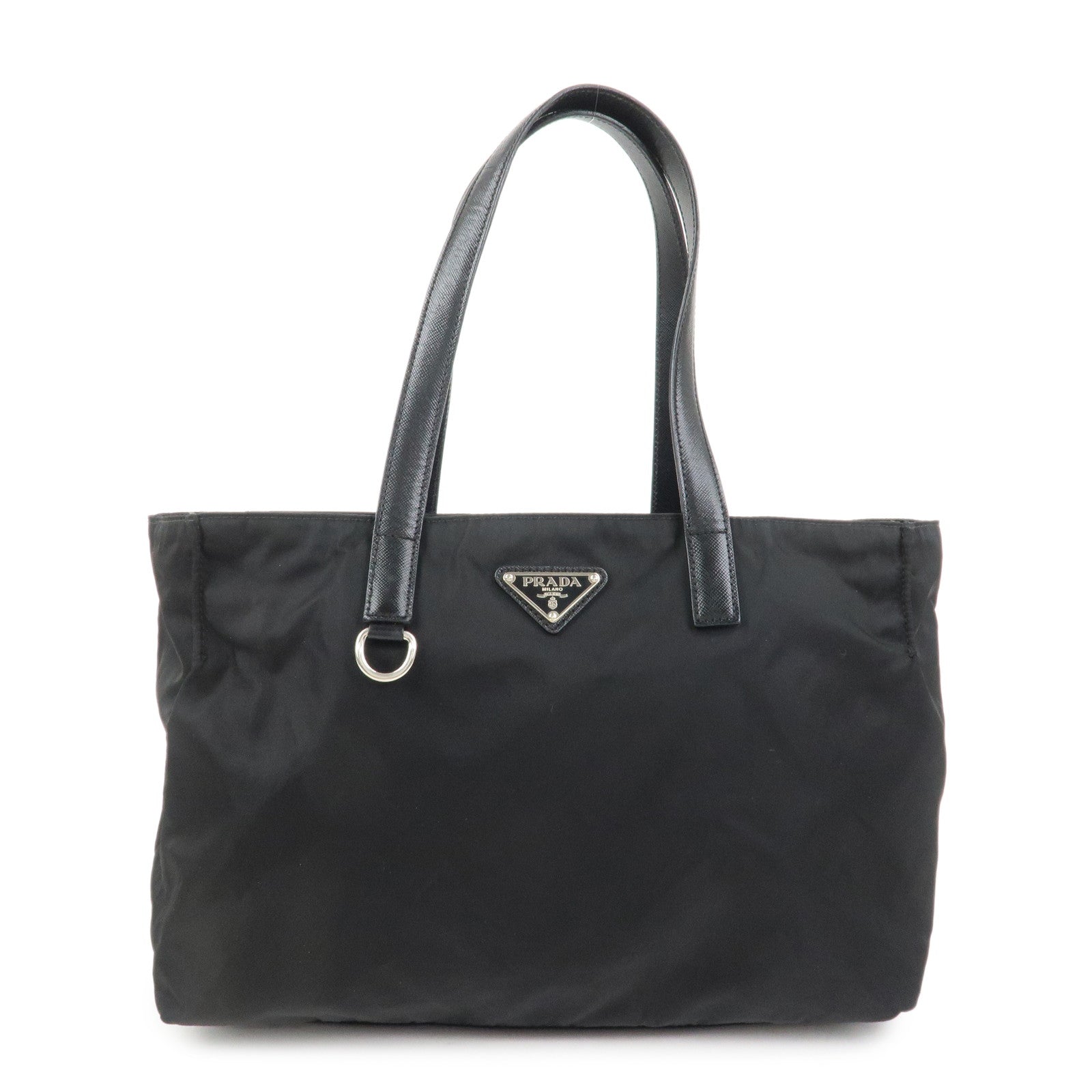 PRADA Triangle Logo Nylon Saffiano Leather Tote Shoulder Bag Black