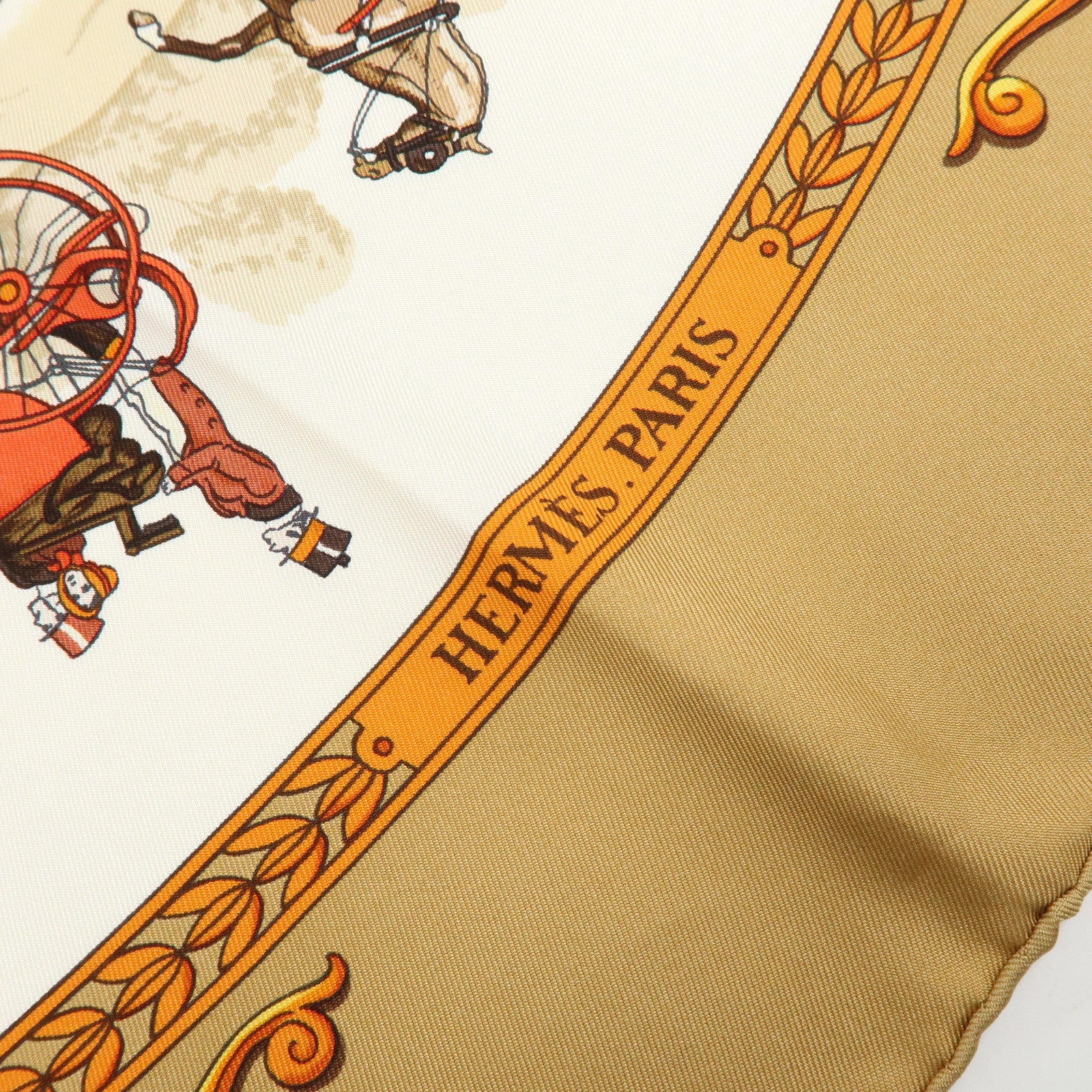 HERMES Carre 90 Silk 100% Scarf LA PROMENADE DE LONGCHAMPS Brown
