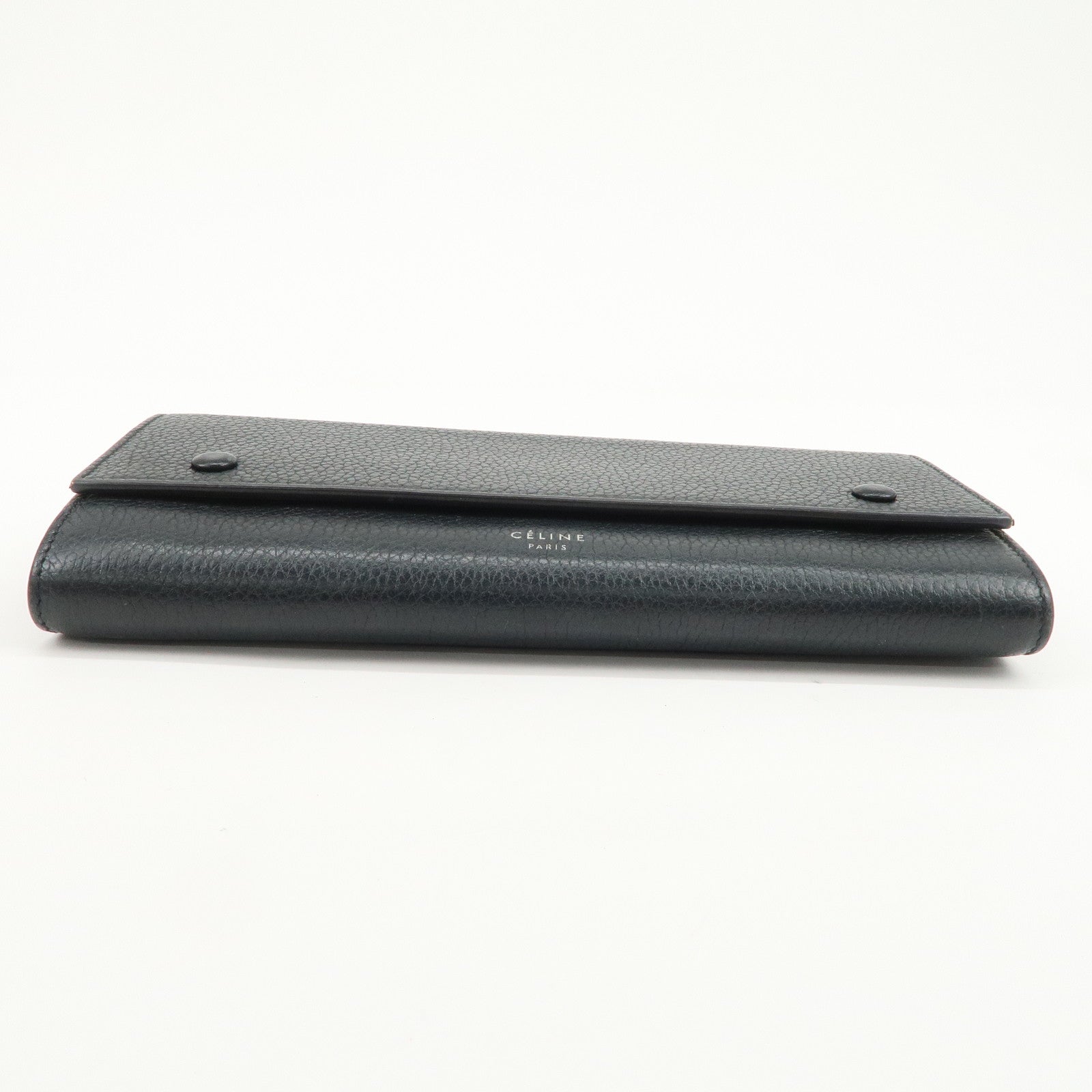 CELINE Logo Glen Calfskin Button Flap Long Wallet Navy