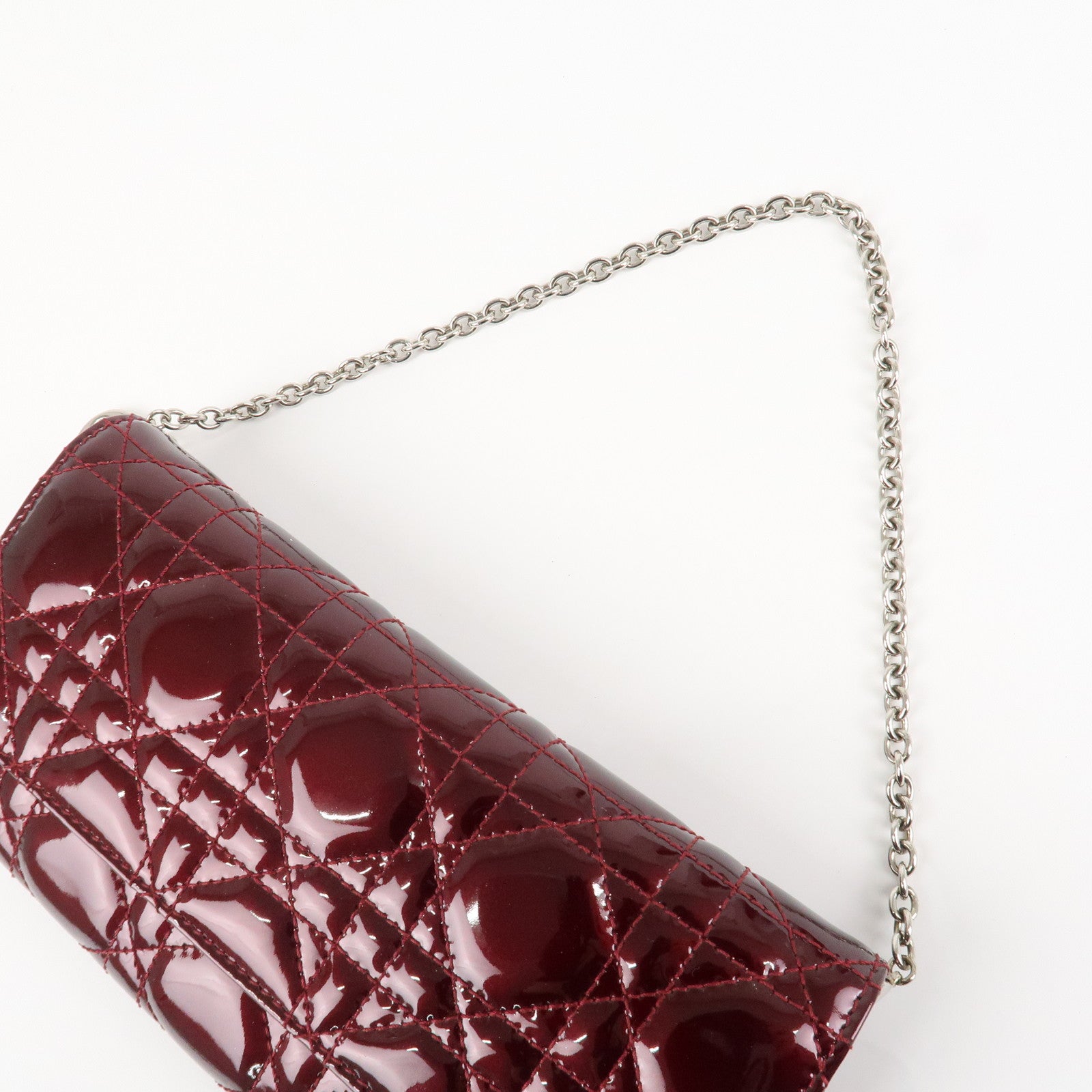 Christian Dior Lady Dior Cannage Patent Leather Chain Wallet Bordeaux Used