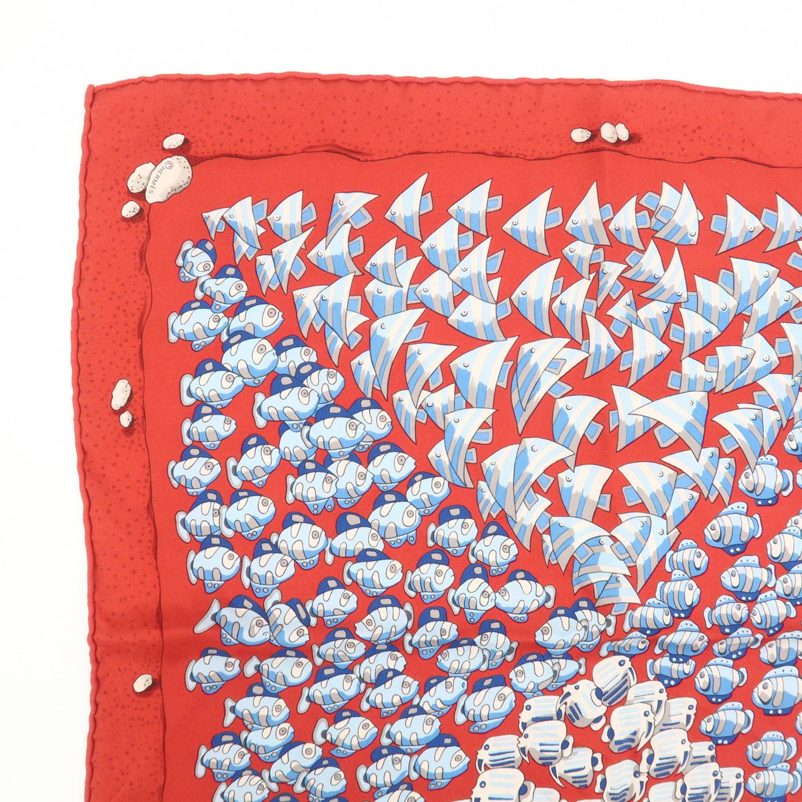 HERMES Carre 40 Silk 100% Mini Scarf Fish Print Red Blue
