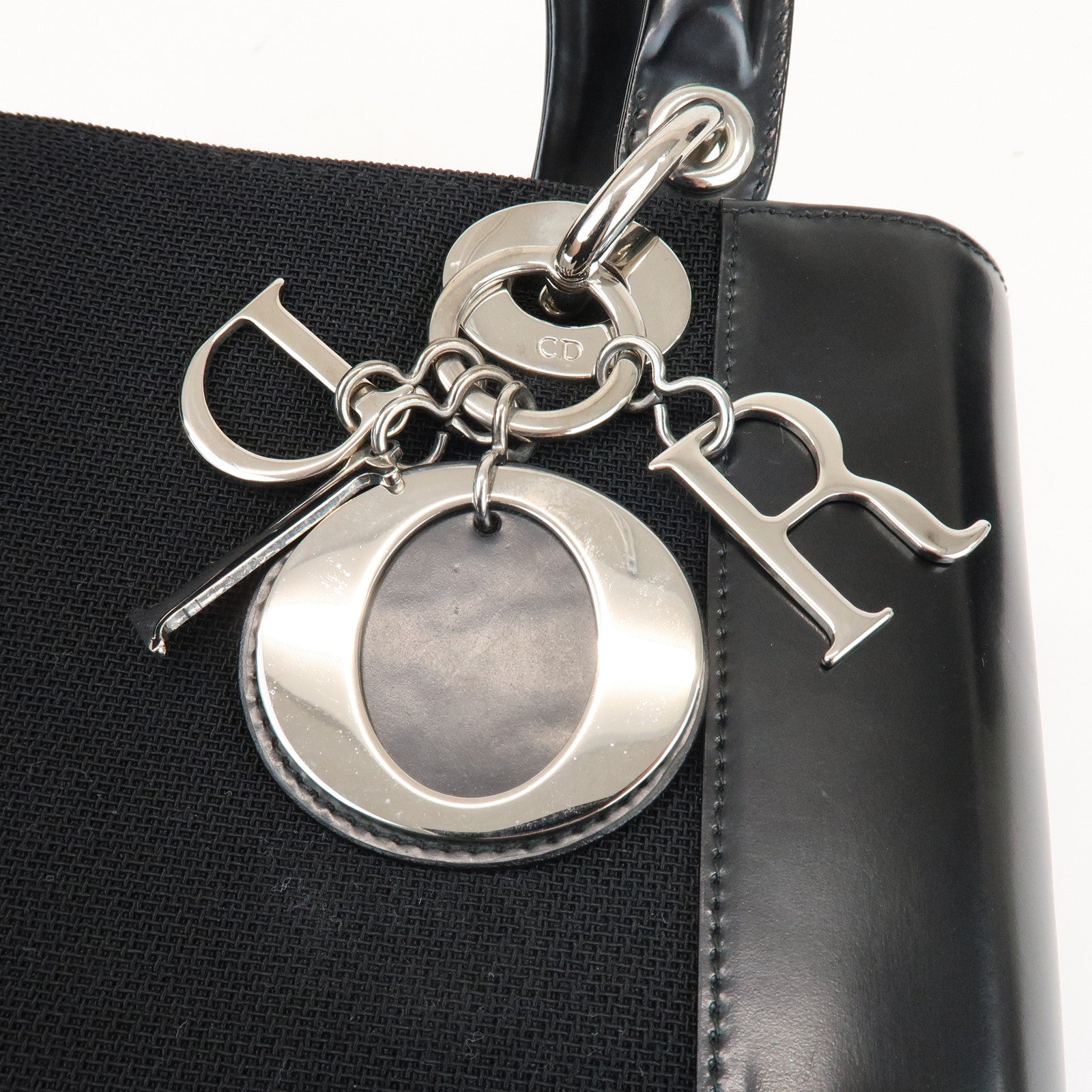 Christian Dior Lady Dior Canvas Patent Leather Hand Bag Black