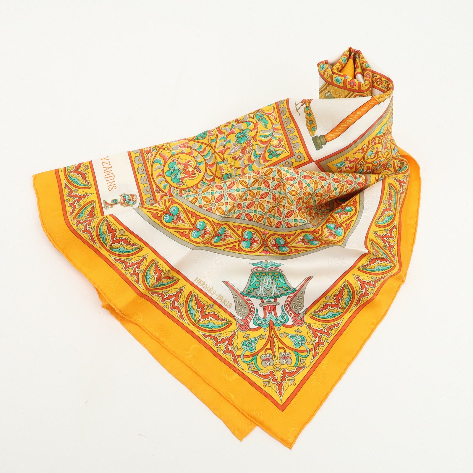 HERMES Carre 90 Silk 100% Scarf CIELS BYZANTINS Orange White