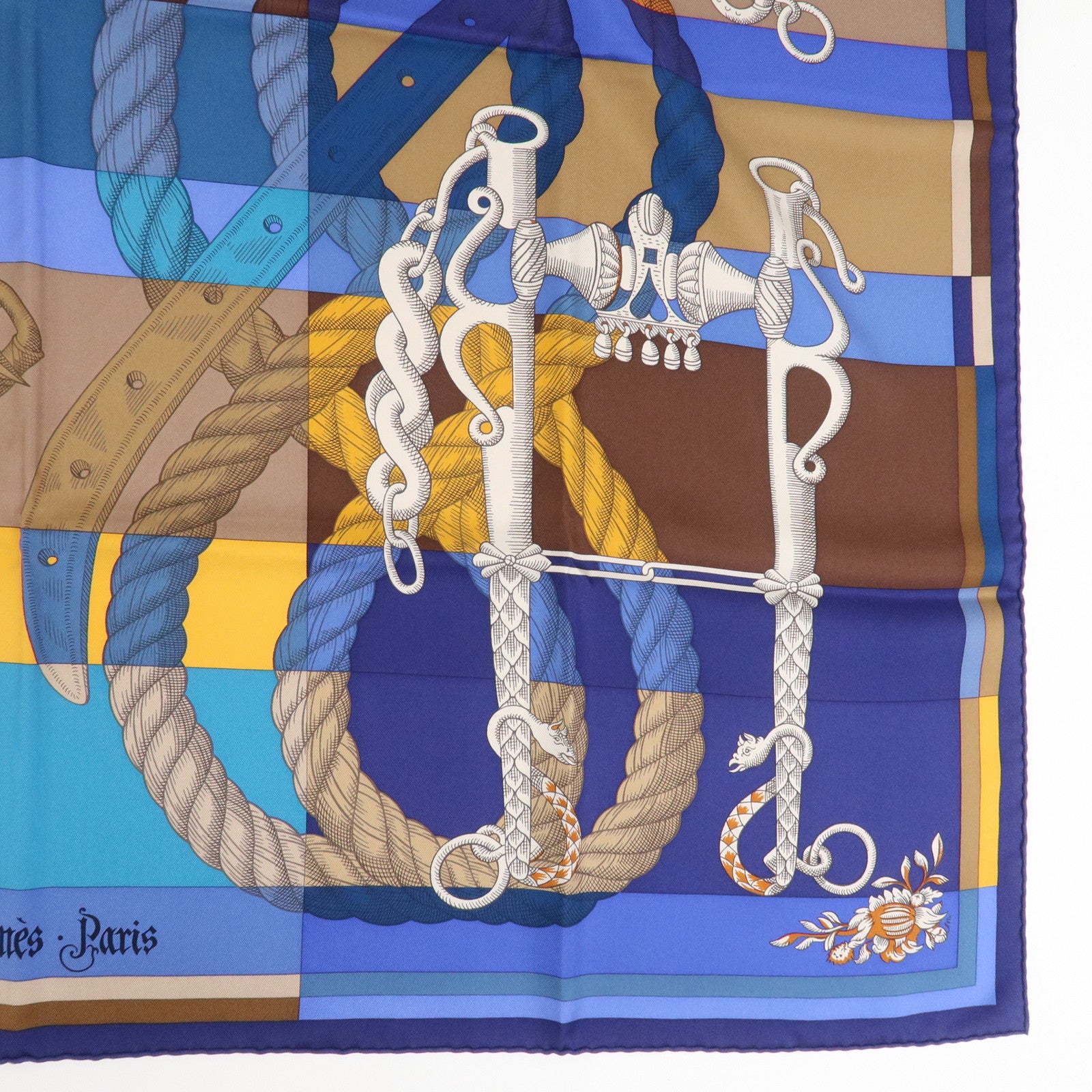 HERMES Carre 90 Silk 100% Scarf DELLA CAVALLERIA Blue Brown
